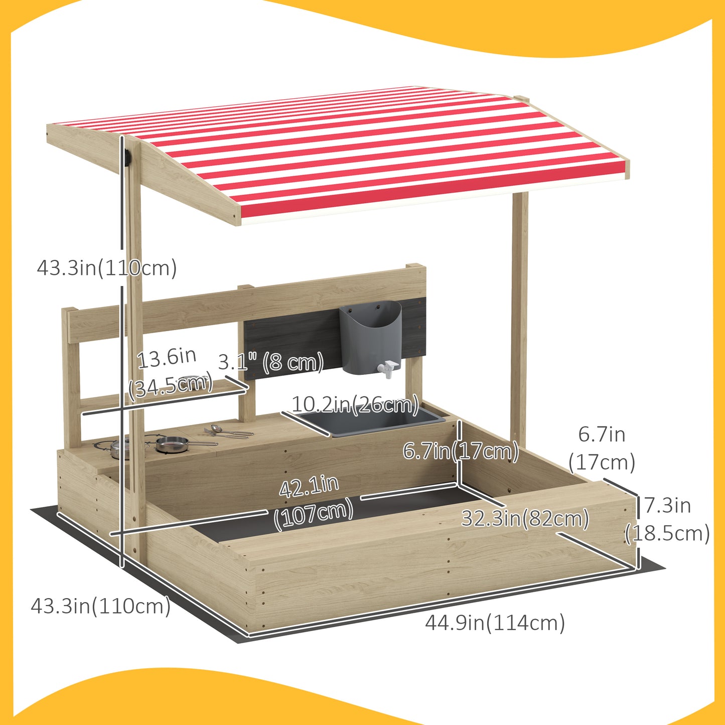 Kids Sandbox with Cover Kitchen Playset Toys, Wooden Sand Box with Seat, Storage, for 3-7 Years Old, Natural Wood Kids Crystal