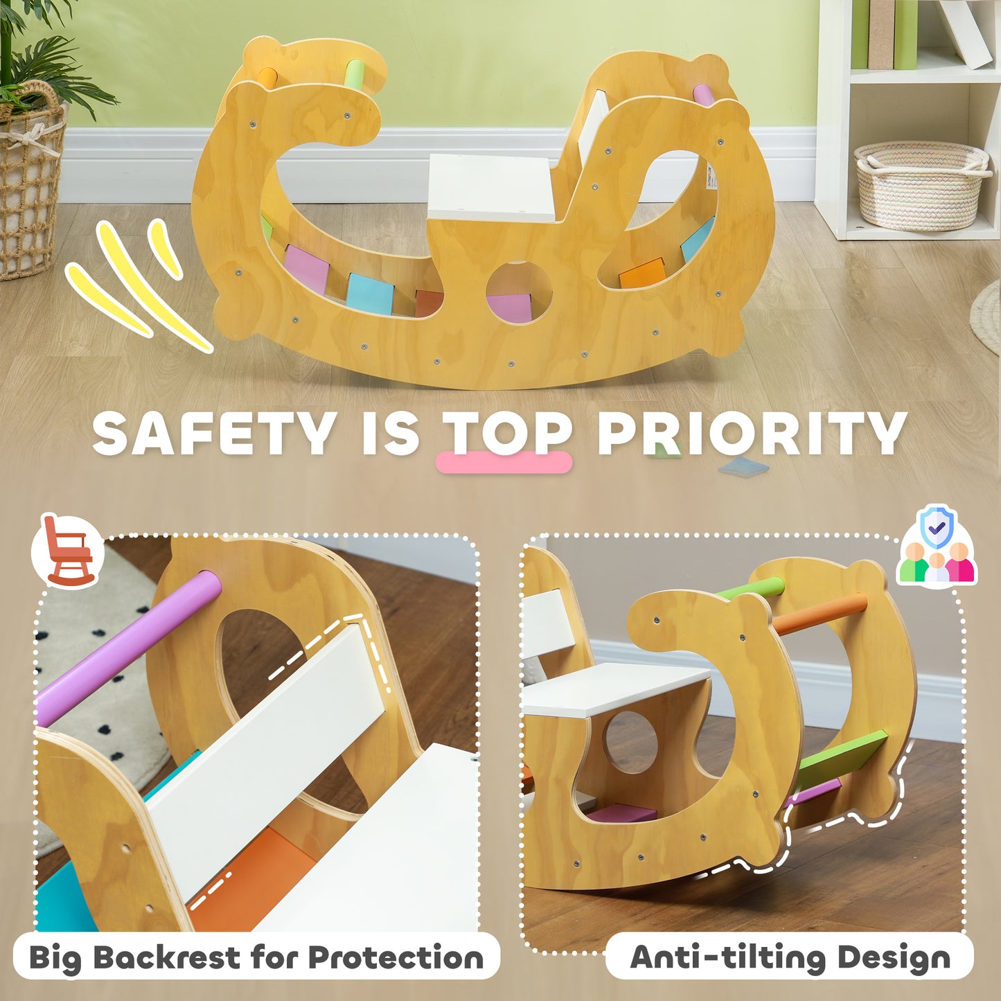 2 in 1 Wooden Arch Ladder Baby Rocker for Toddlers 18-48 Months Kids Crystal