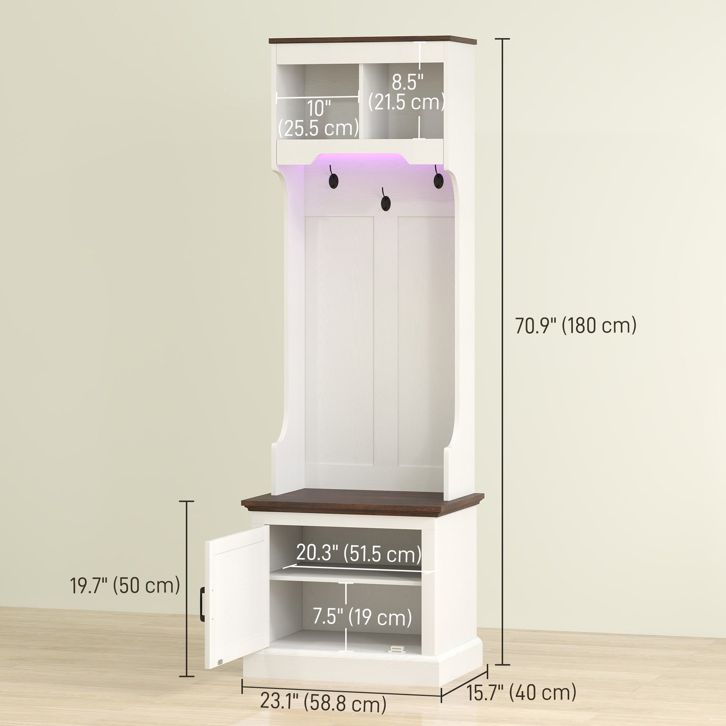 3-in-1 Hall Tree with LED Lights and Bench, Coat Rack with Shoe Storage, White Wood Grain