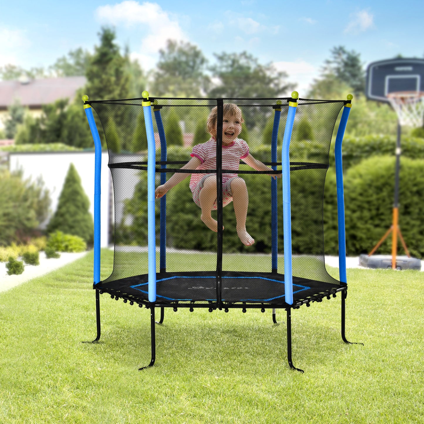 63" Kids Trampoline Mini Indoor/Outdoor Bouncer Jumper Enclosure Net Elastic Thick Padded Pole 3-10 Years Blue Kids Crystal