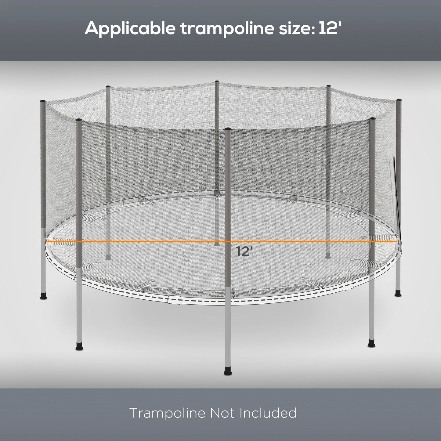 12FT Trampoline Safety Net Enclosure with 8 Poles Replacement Protective Mesh Grey Kids Crystal