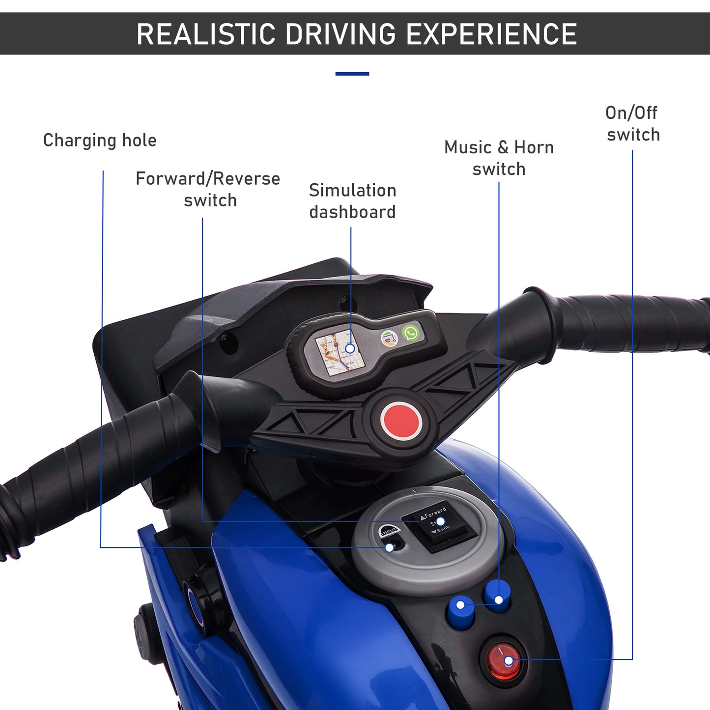 Kids Electric Motorcycle Ride-On Toy 6V Battery Powered with Music Horn Headlights Blue Kids Crystal