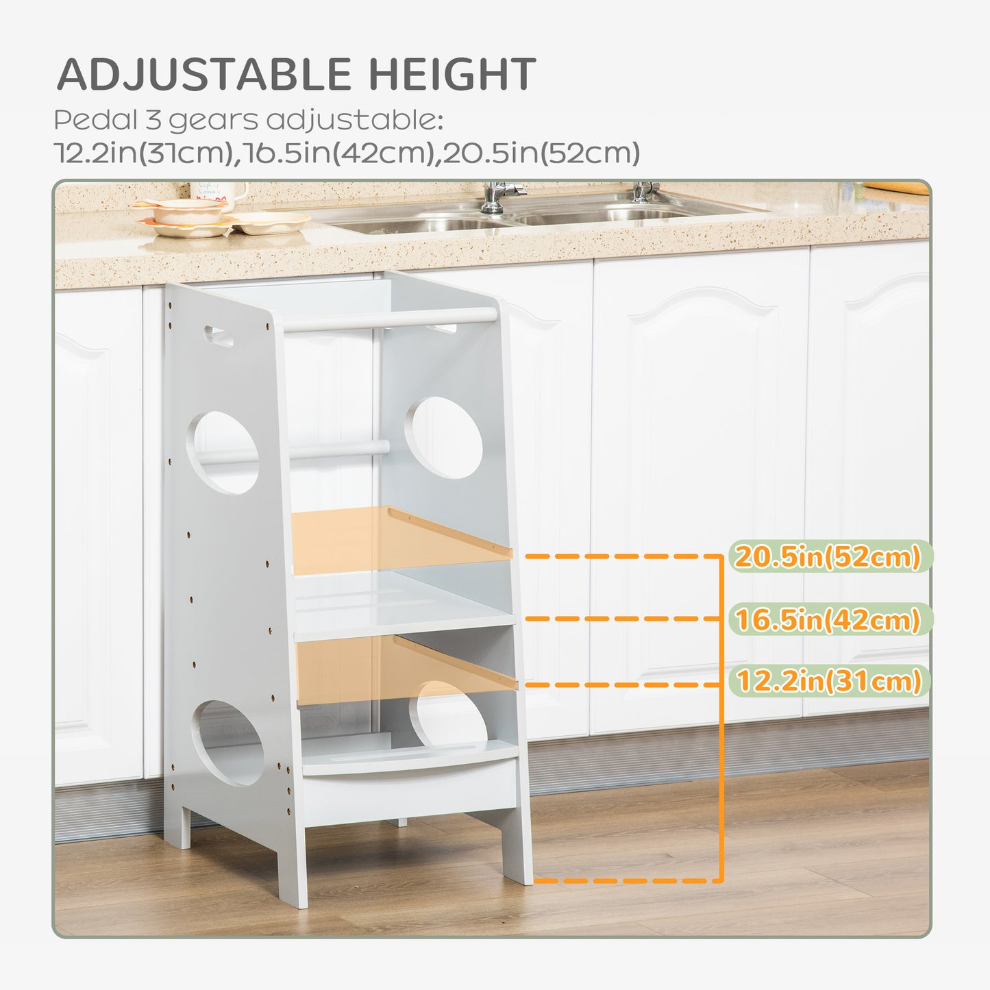 Adjustable Toddler Kitchen Step Stool with Safety Rail in Grey - Perfect for Little Helpers