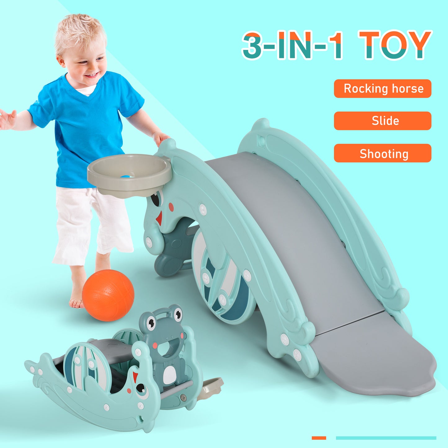 3-in-1 Kids Slide Rocking Horse Activity Equipment Portable Green for Ages 3-5 Kids Crystal