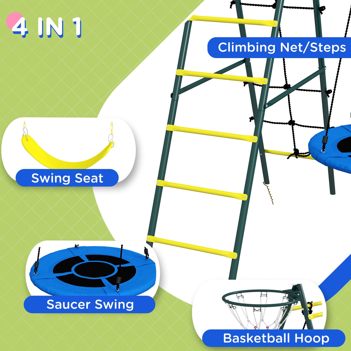 Swing Set 4-in-1 for Kids, Saucer Swing, Seat, Climbing, Basketball Hoop, 3-8 Years, Yellow Kids Crystal