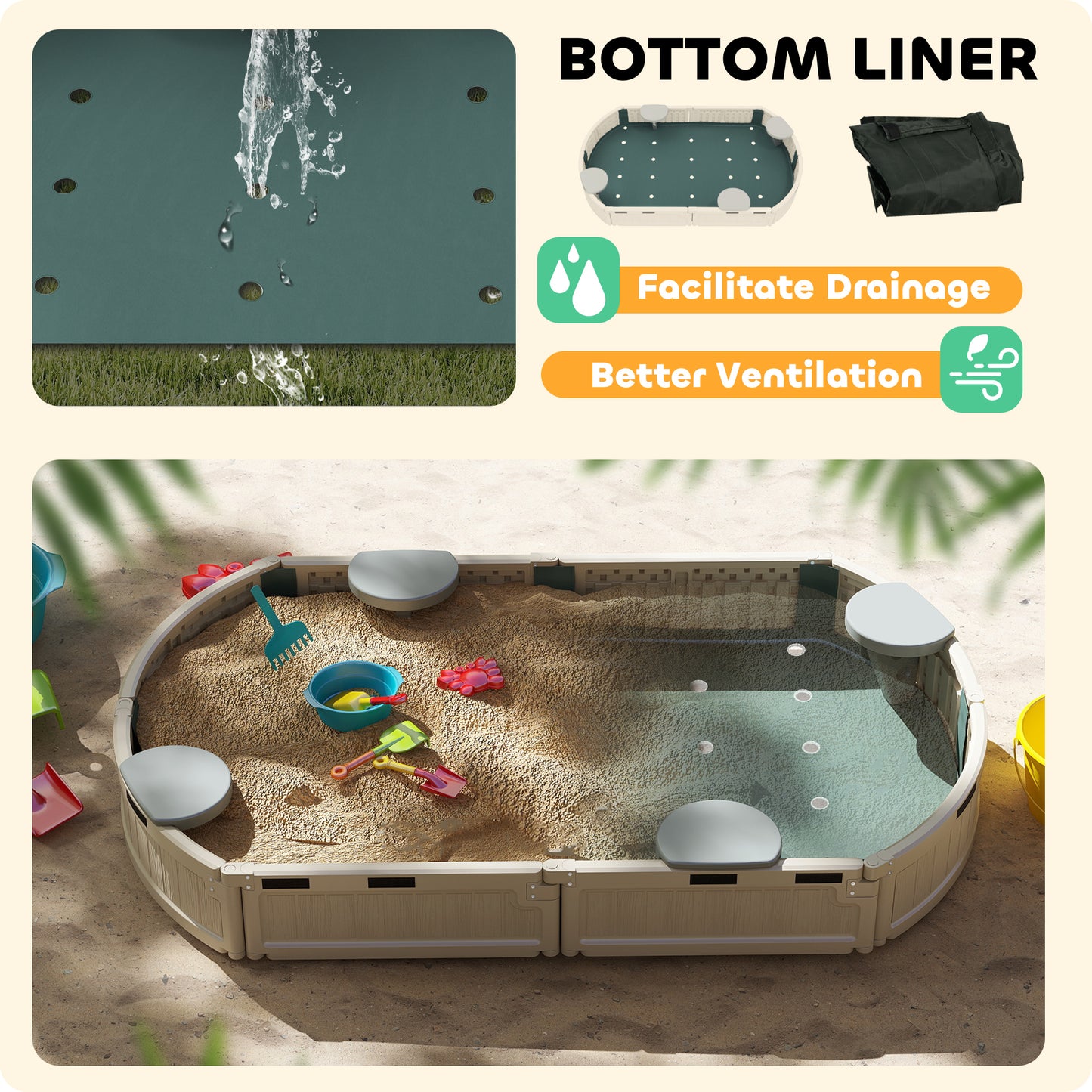 Kids Sandbox with Cover, Seat, Sandbox Outdoor for Backyard, Cream White Kids Crystal