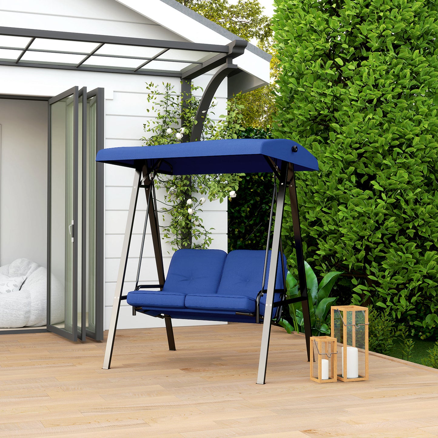 2-Seater Outdoor Porch Swing with Adjustable Canopy, Patio Swing Chair for Garden, Poolside, Backyard, Dark Blue