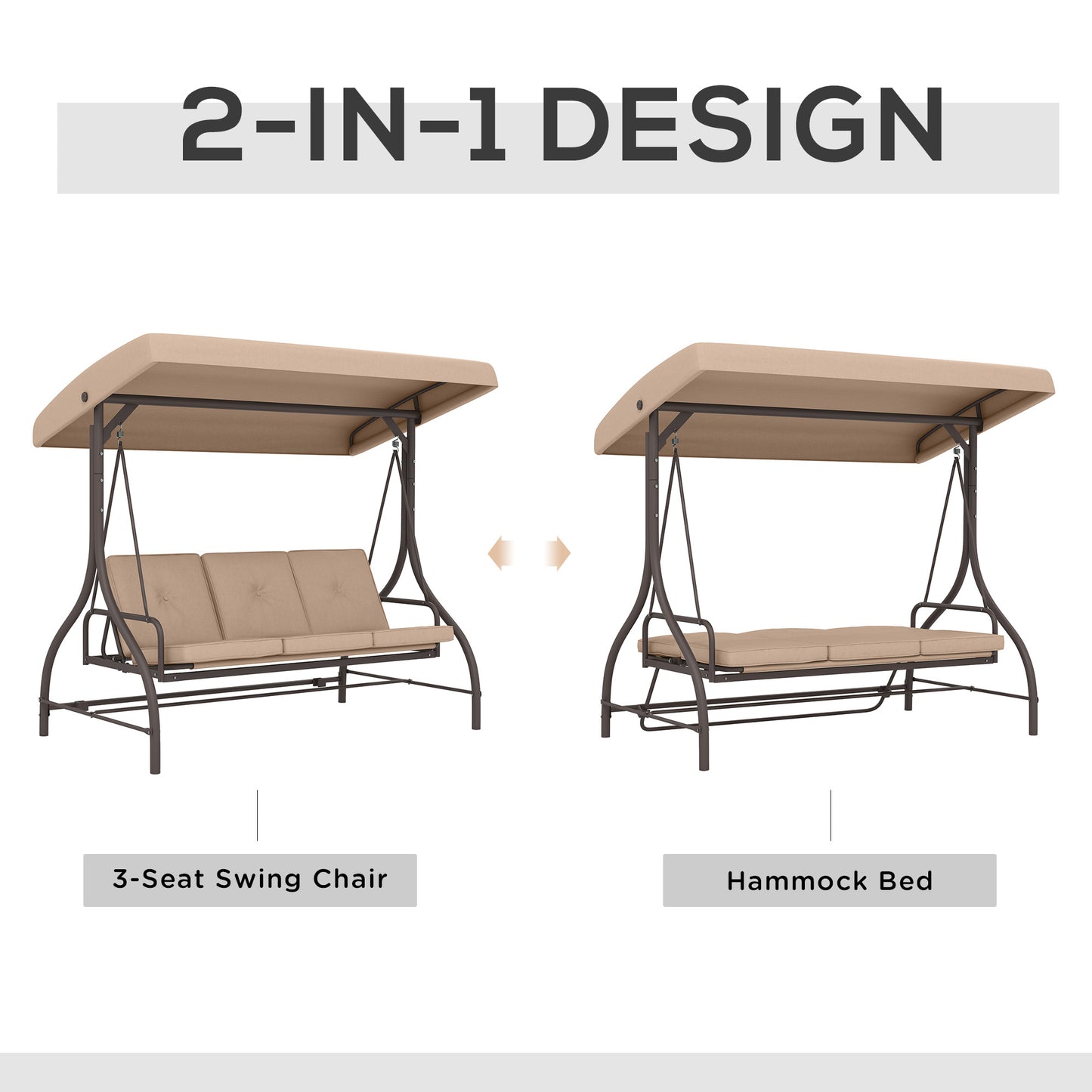 Convertible Patio Swing Bed with Canopy and Cushions, 3 Seater Porch Swing for Outdoor, Backyard, Garden, Khaki Kids Crystal