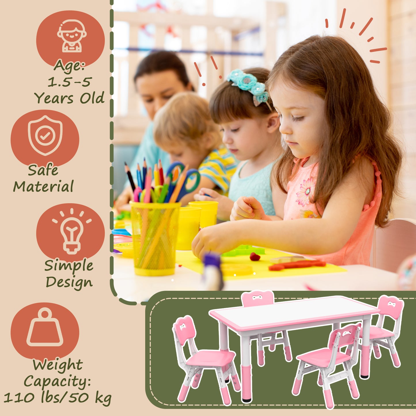 Kids Table & 4 Chair Set: Adjustable Height, Durable, Easy Clean for Toddlers in Pink Kids Crystal