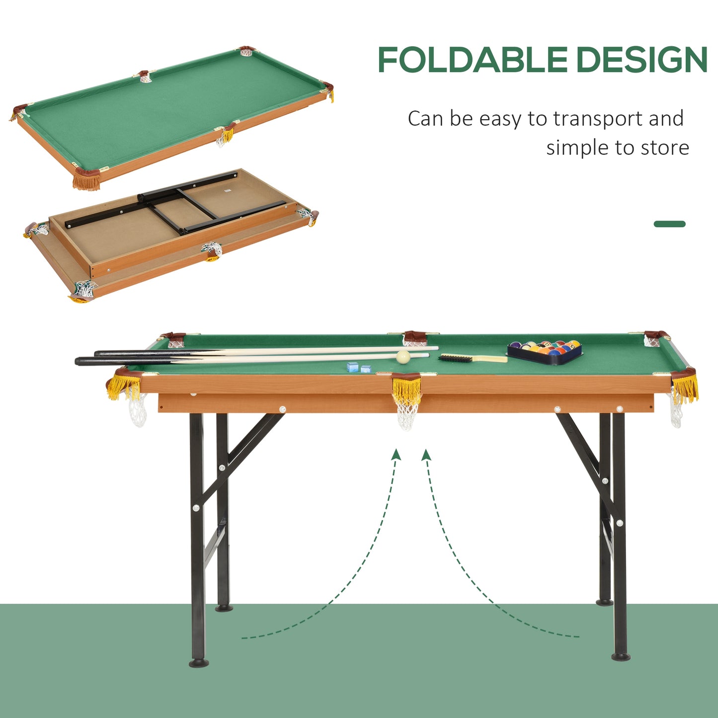 Compact 54.3"L Portable Billiard Table Foldable Design with Accessories for Home Pool Games Includes Cues Ball Kids Crystal