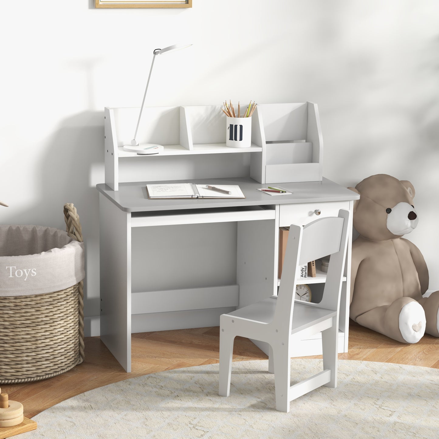 Kids Desk and Chair Set for 5-8 Year Old with Storage Study Table and Chair for Children Grey Kids Crystal