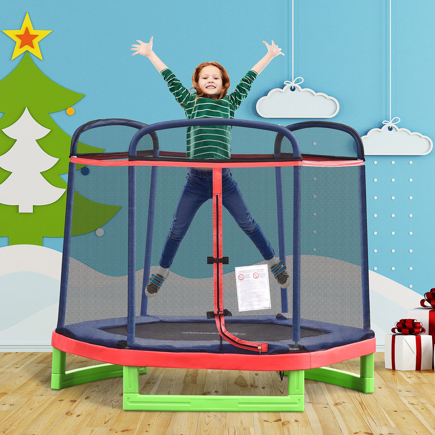 7 FT Kids Trampoline with Safety Enclosure and Padded Cover, Indoor/Outdoor Use - Red Kids Crystal
