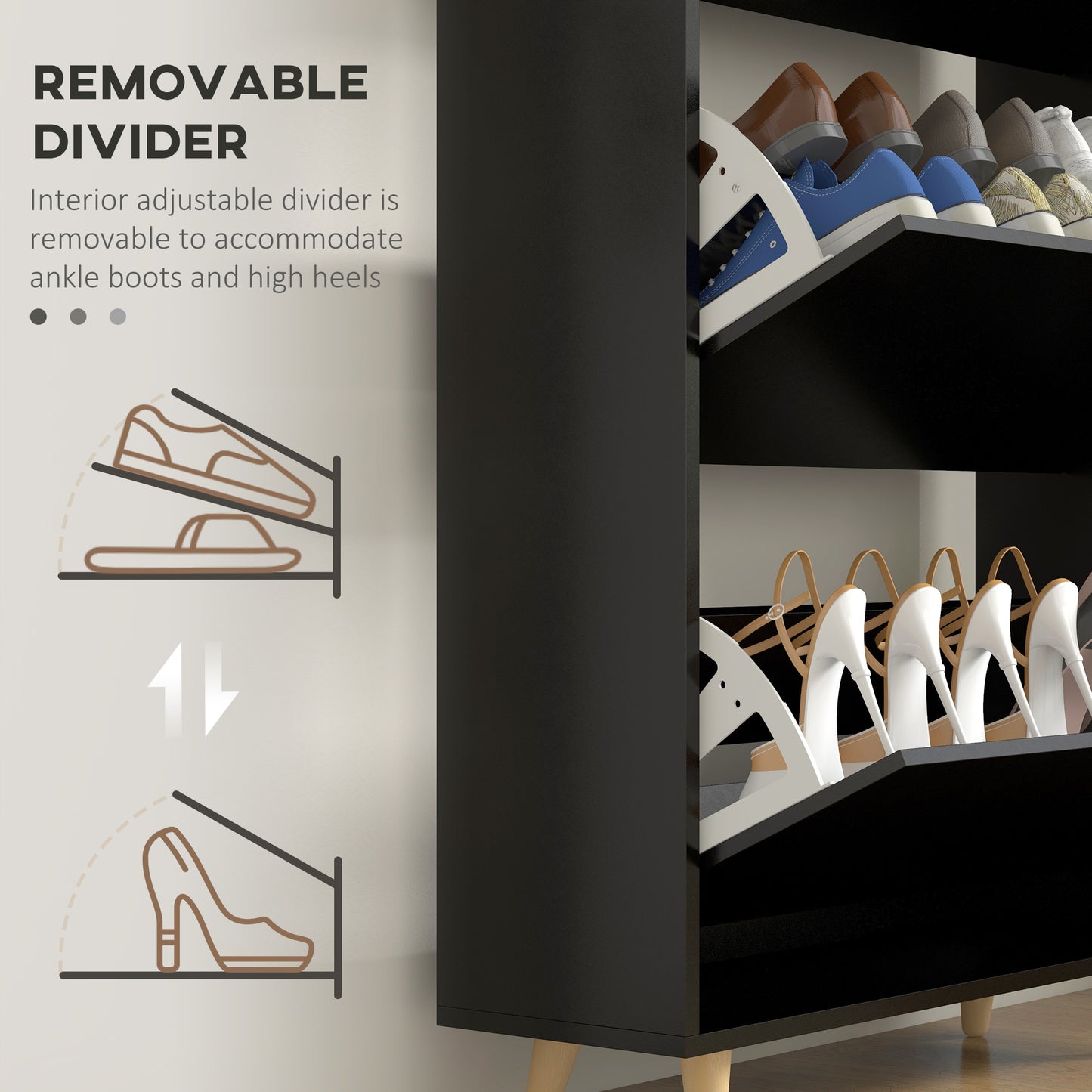 Slim Shoe Storage Cabinet 3 Flip Drawers Adjustable Shelves for 18-24 Pairs Black Kids Crystal