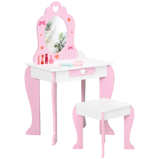 Petite Pampering: Kids Vanity Table and Chair Set with Mirror Drawer, Cute Patterns for Girls 3-6 Years Old, Pink Delight Kids Crystal