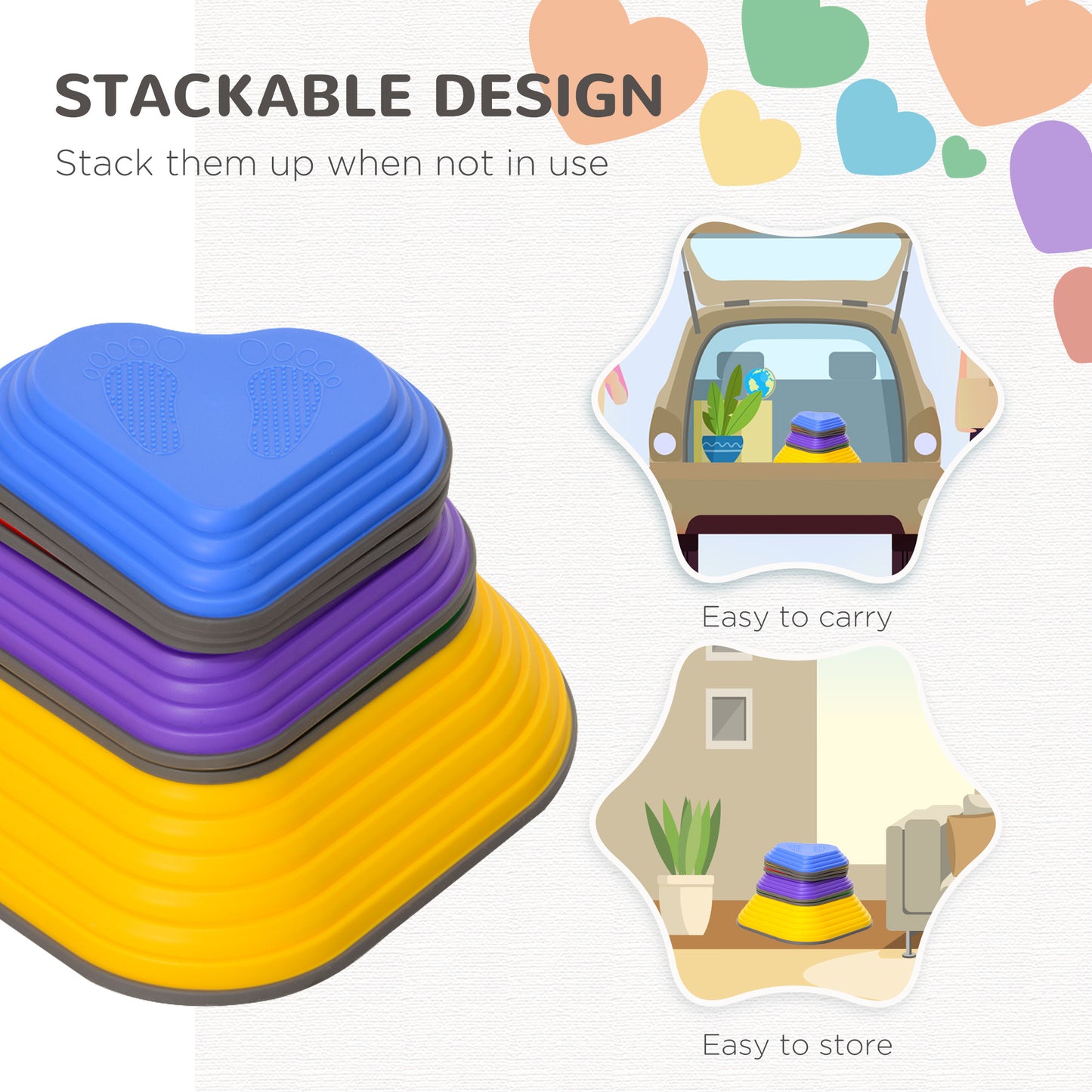 6PCs Non-Slip Stackable Kids Stepping Stones, Heart-Shaped Kids Crystal