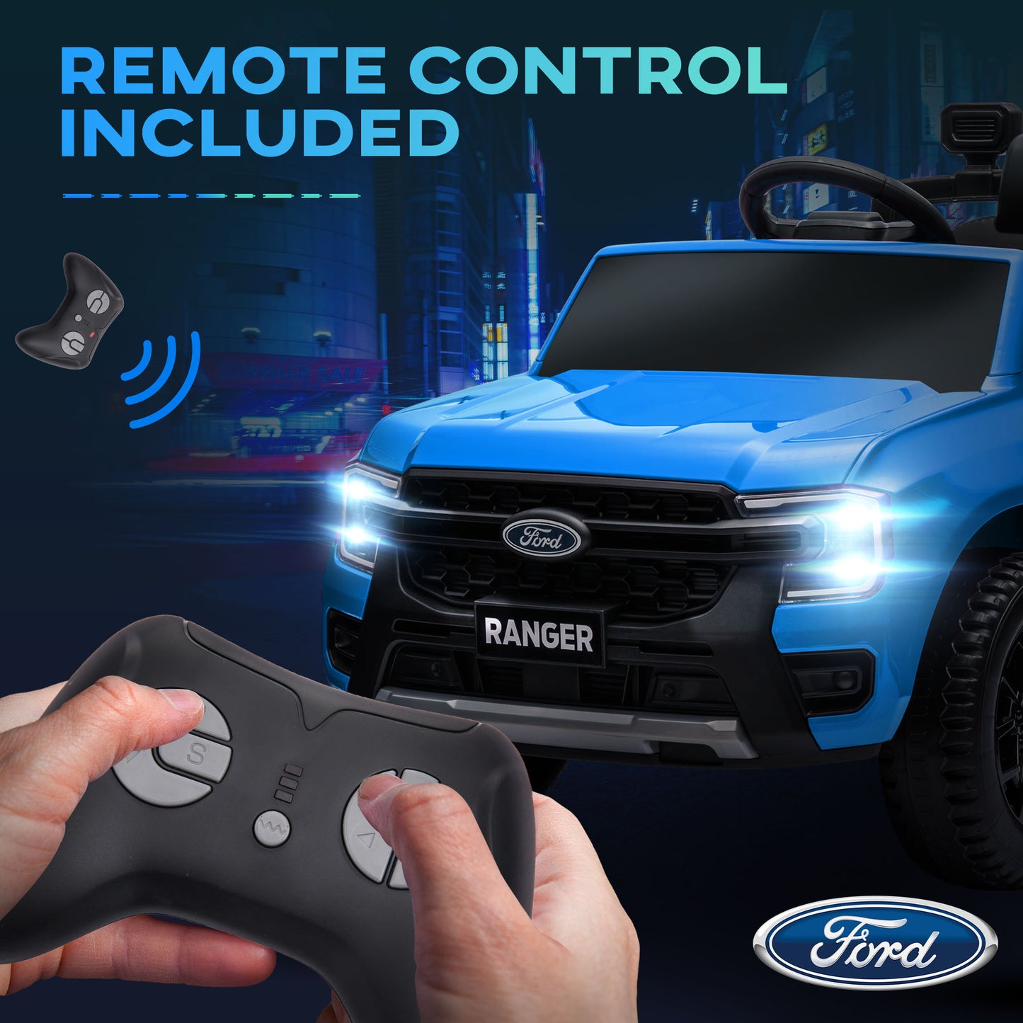 Ford Ranger Licensed 12V Ride on Car Battery Powered Kids Truck w/ Rear Storage Remote, Spring Suspension, Blue Kids Crystal