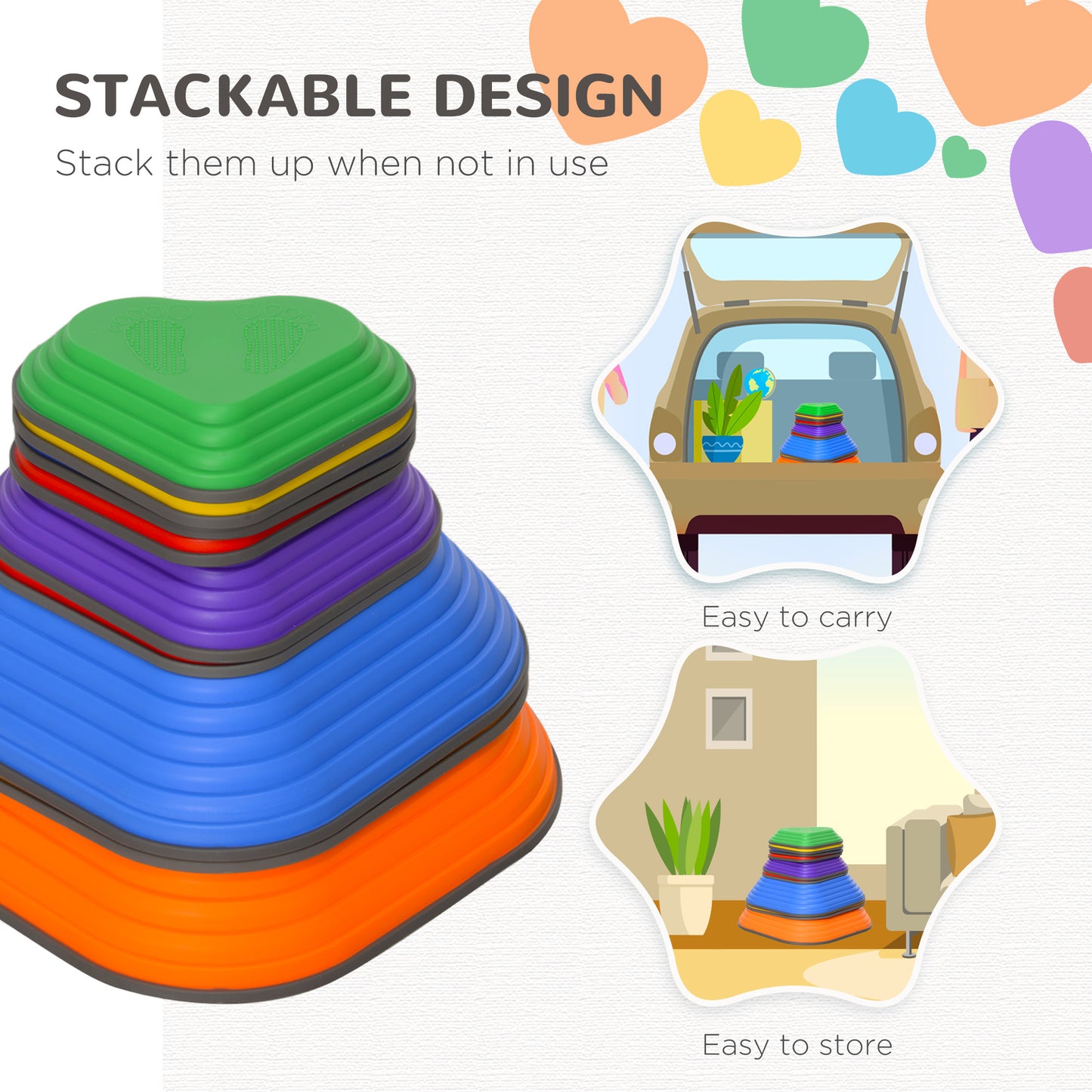 9PCs Non-Slip Stackable Kids Stepping Stones, Heart-Shaped Kids Crystal