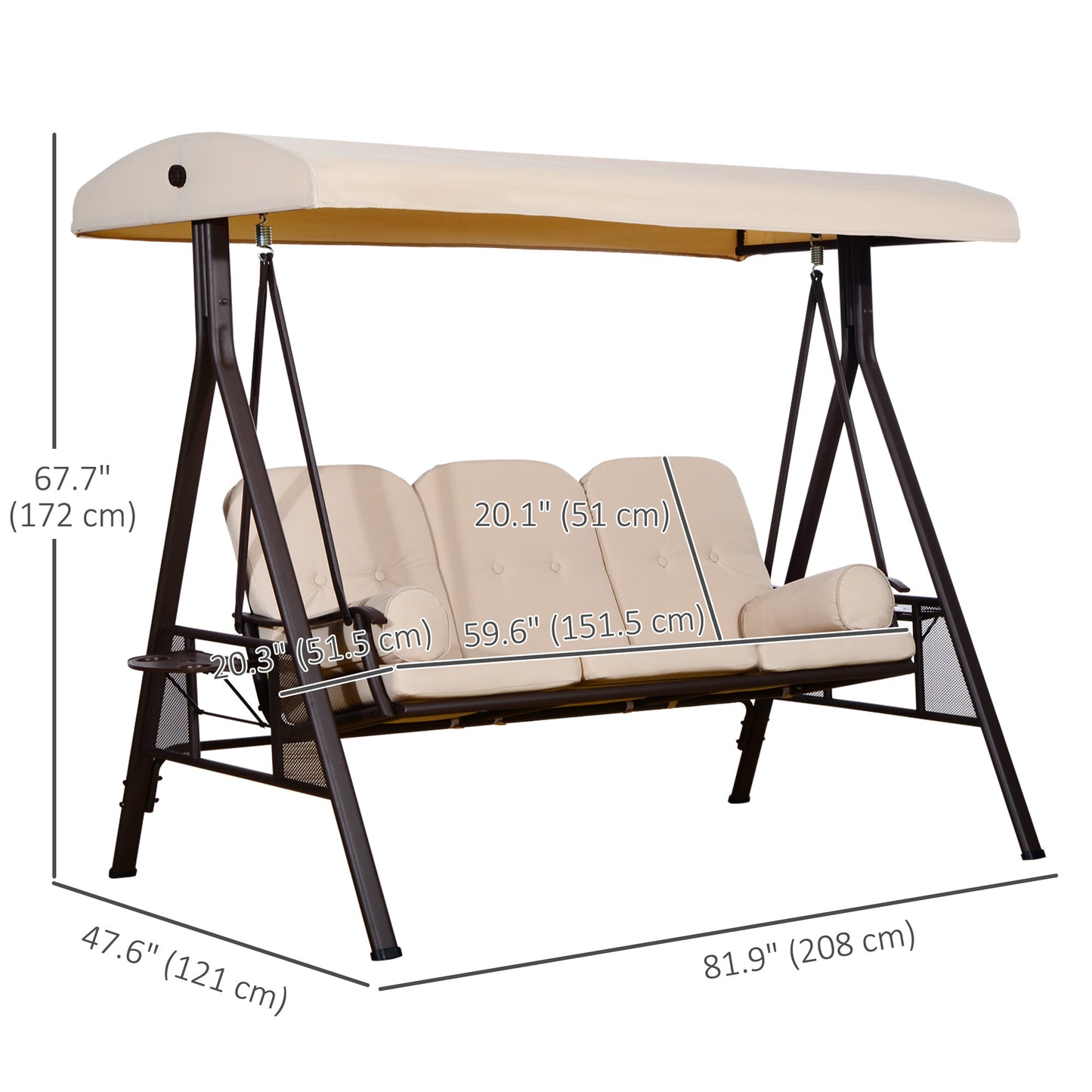 3 Seater Porch Swing Heavy Duty Outdoor Swing Chair Outdoor Lounge Hammock Cushioned Seat with Tilt Canopy, Beige Kids Crystal