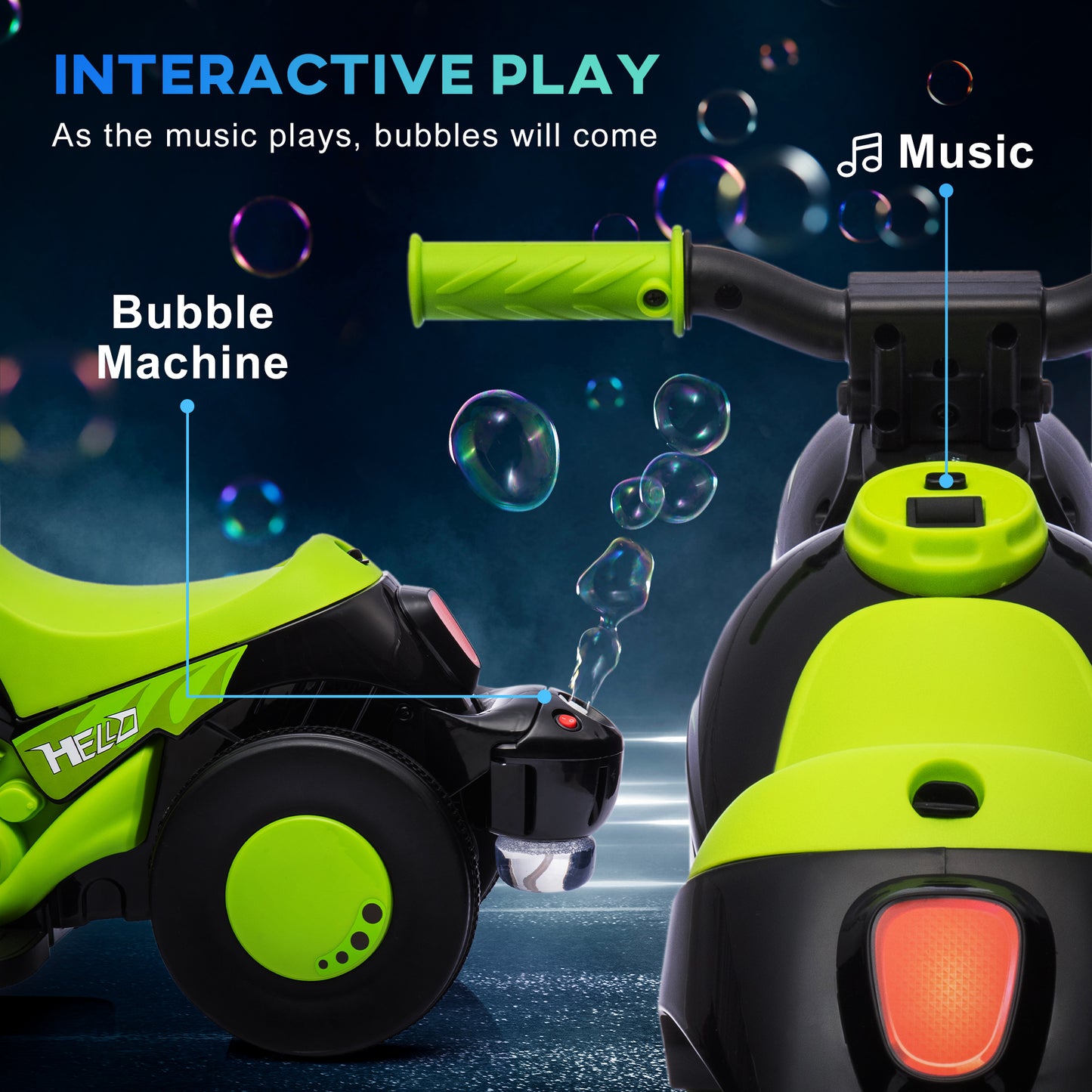 Electric Motorcycle for Kids, 6V Ride on Bubble Car with LED Headlight, Music, Pedal, for 2-5 Years Green Kids Crystal