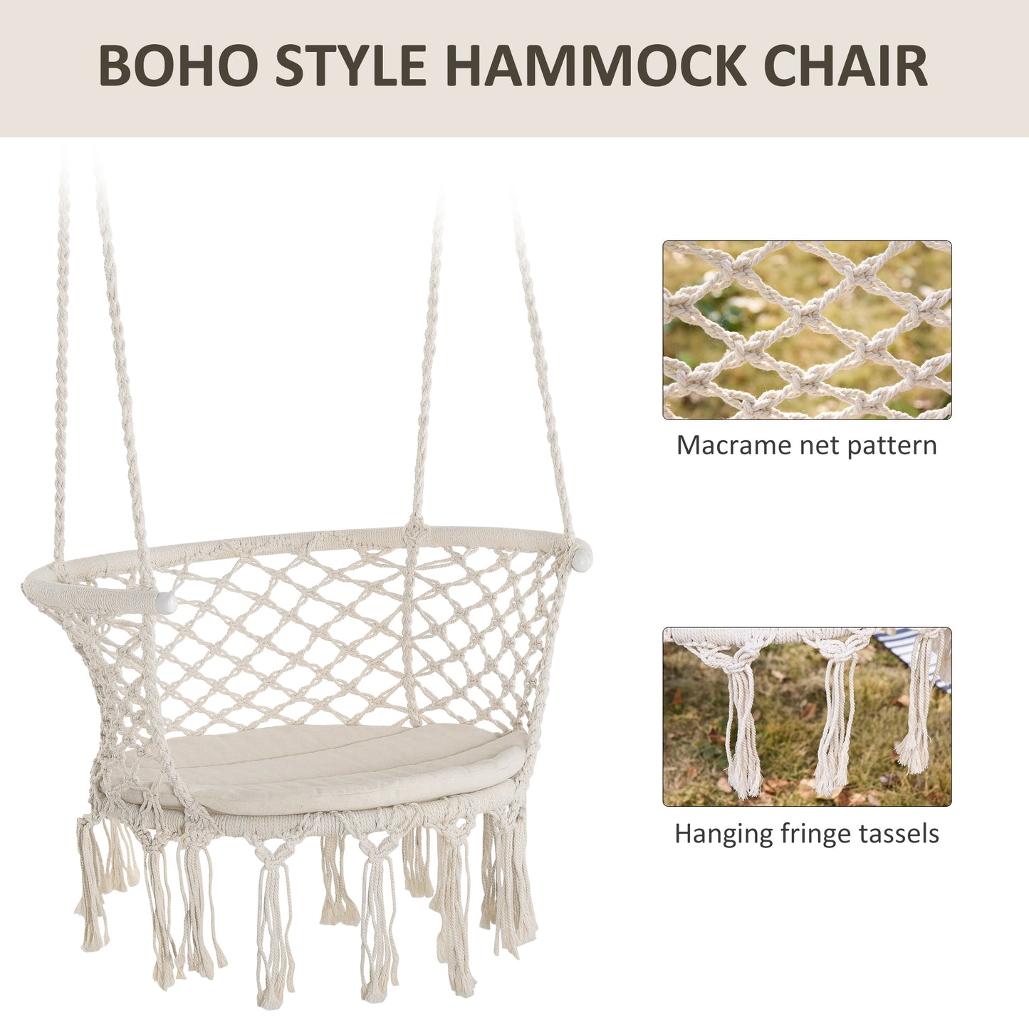 Cotton Rope Hanging Hammock Chair Swing with Cushion Metal Frame for Patio Garden Cream White Kids Crystal