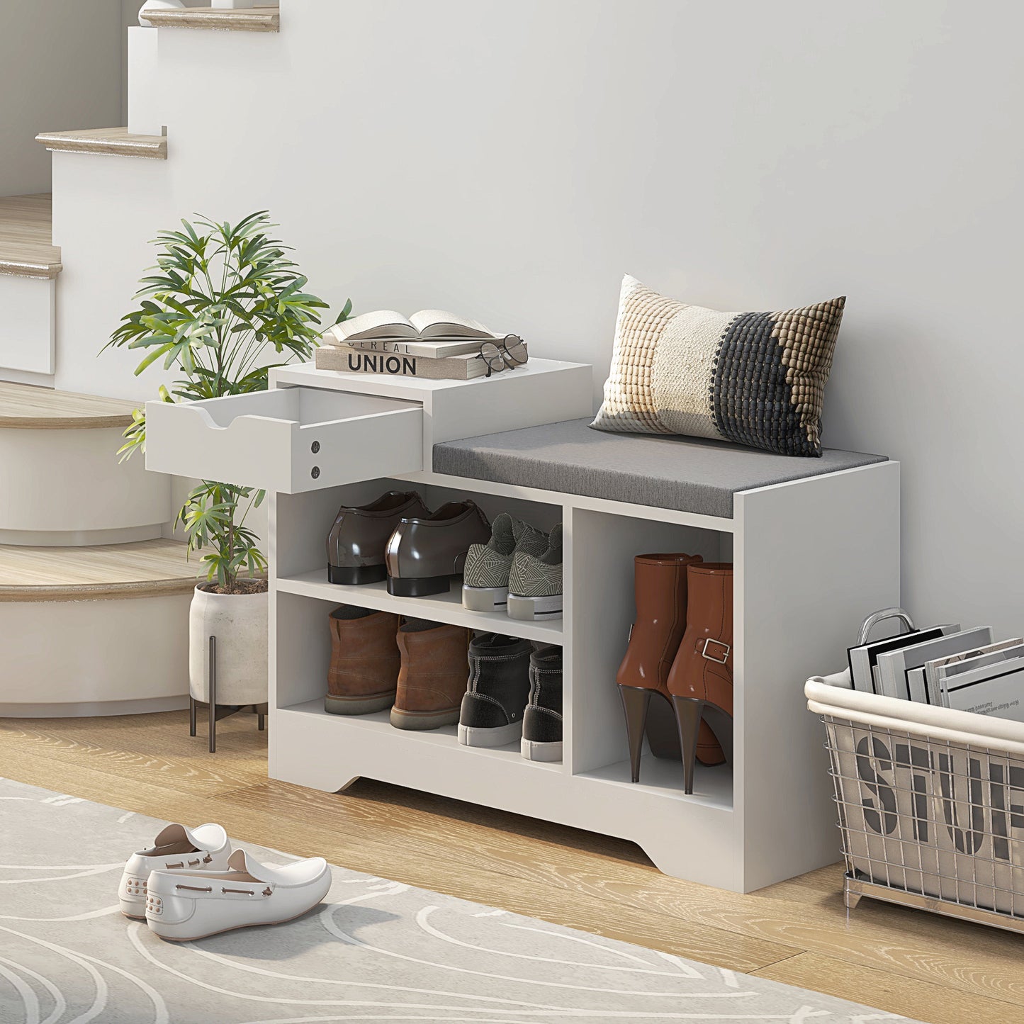 Shoe Simplicity: Storage Bench with Seat Drawer, 3 Open Shelves, Upholstered Entrance Bench for Hallway Kids Crystal