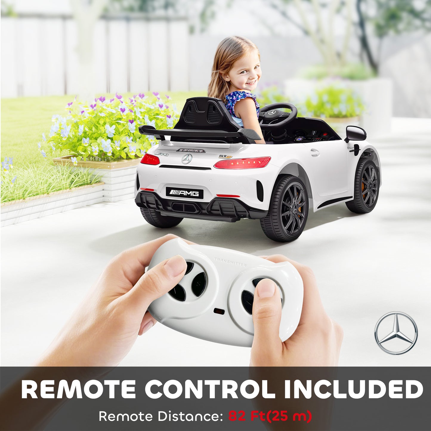 Mercedes-Benz AMG GTR Licensed 12V Battery Powered Kids Electric Car w/ Remote, Soft Start, Lights, Music Horn White Kids Crystal