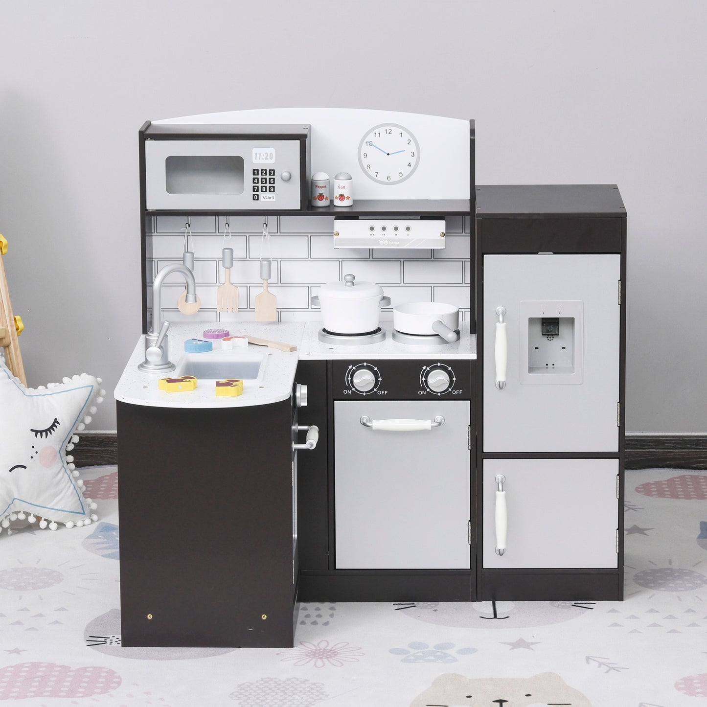 Play Kitchen Set for Kids - Black Cooking Toy with Drinking Fountain, Microwave, Fridge & Accessories Kids Crystal