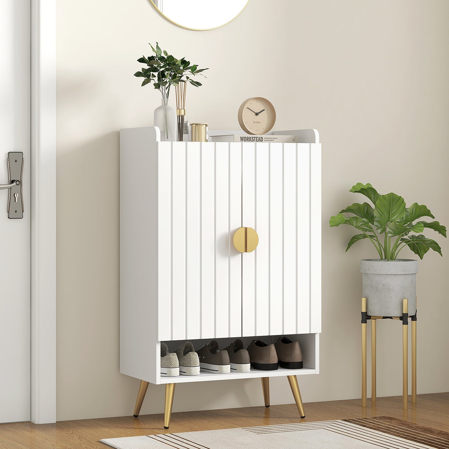 Entryway Narrow Shoe Storage Cabinet with Adjustable Shelves Open Shelf for 15 Pairs White Kids Crystal