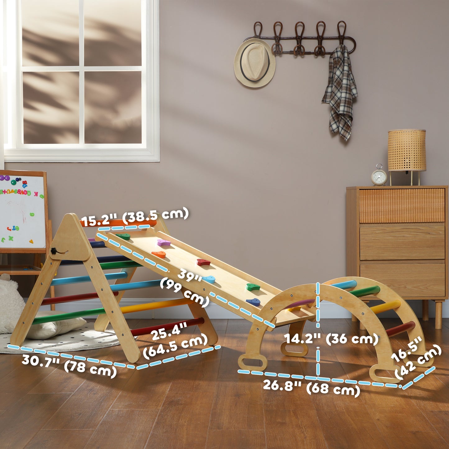 5 in 1 Pikler Triangle Set with Ladder, Ramp, Arch, for 18-48 months, Multicolour Kids Crystal