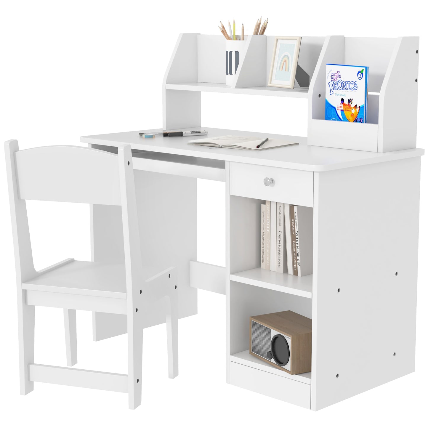 Kids Desk and Chair Set for 5-8 Year Old with Storage Study Table and Chair for Children White Kids Crystal