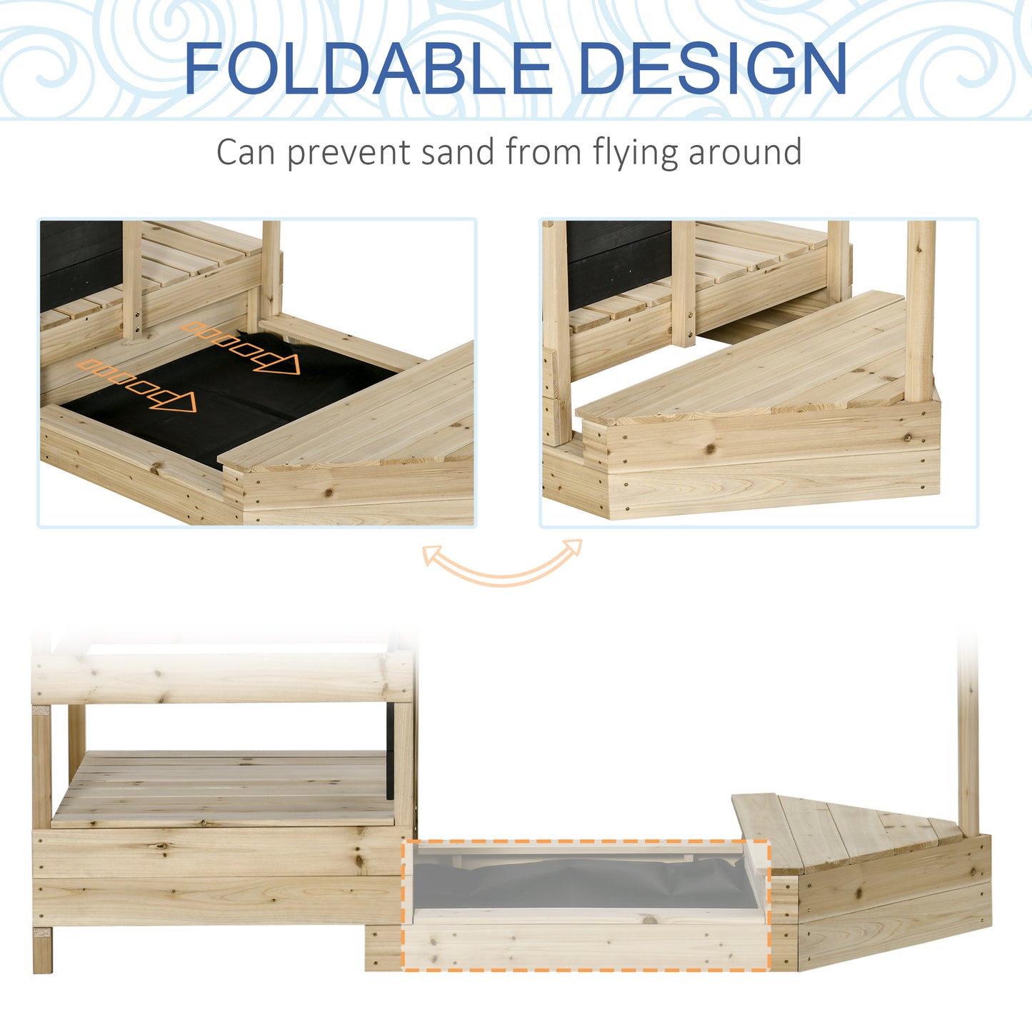 Wooden Sandbox for Kids Outdoor Sand Boat with Cover Foldable Play Station Natural Wood Finish Kids Crystal