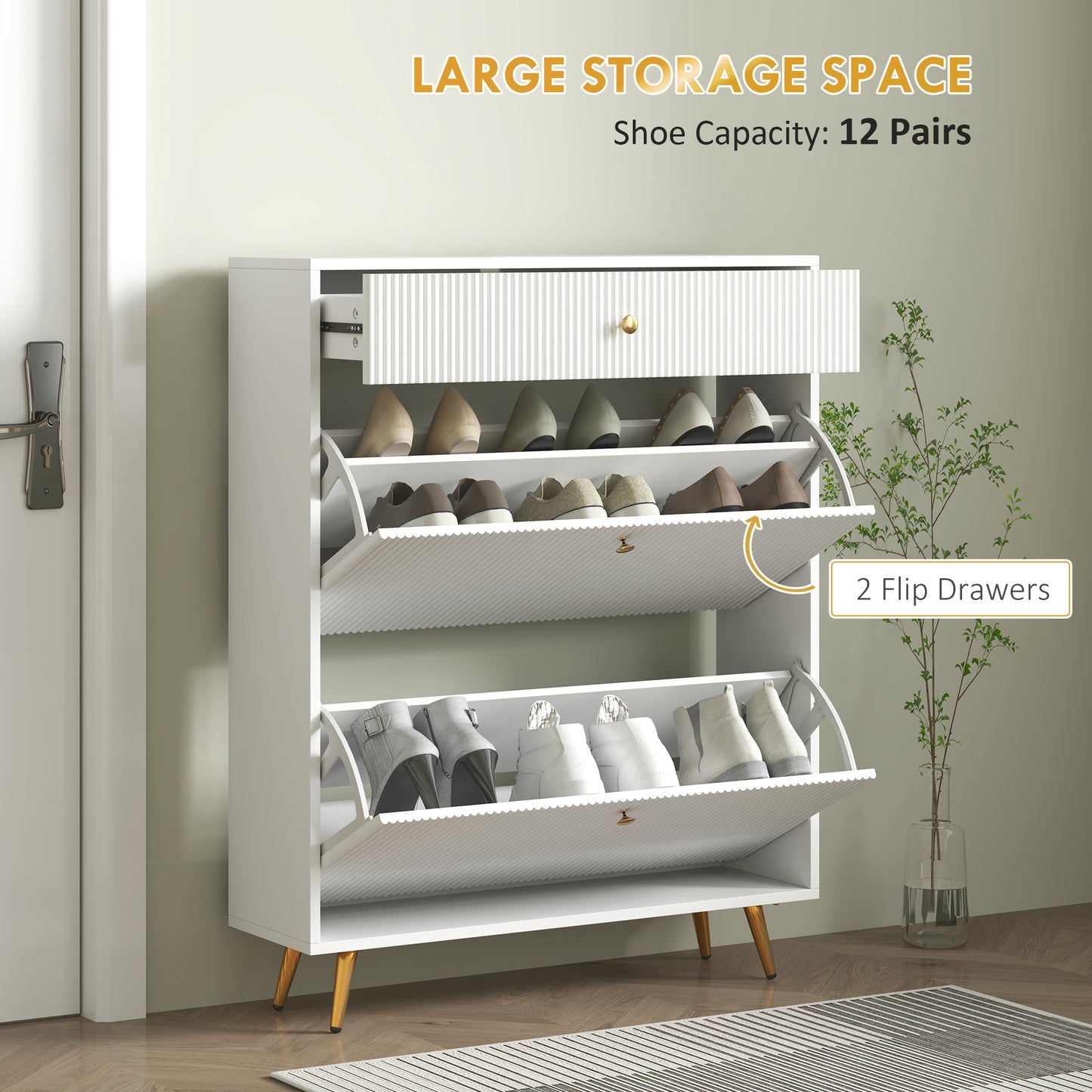 Narrow Shoe Storage Cabinet with Wave-like Panels and Adjustable Shelves for 12 Pairs of Shoes, White Kids Crystal