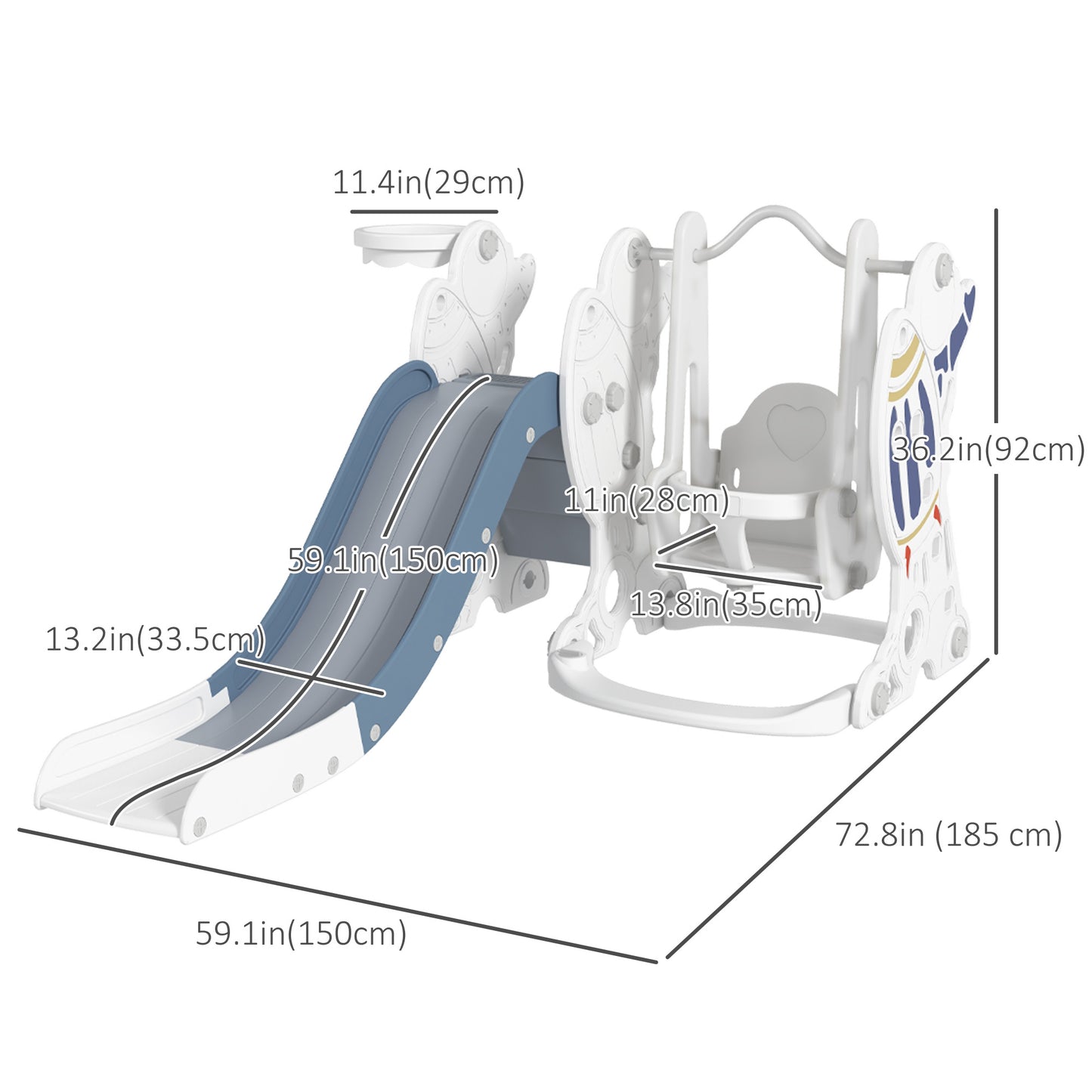 Galactic Playtime: 3 in 1 Toddler Swing Slide Set with Basketball Hoop, Indoor Playground Space Theme, White Blue Finish Kids Crystal