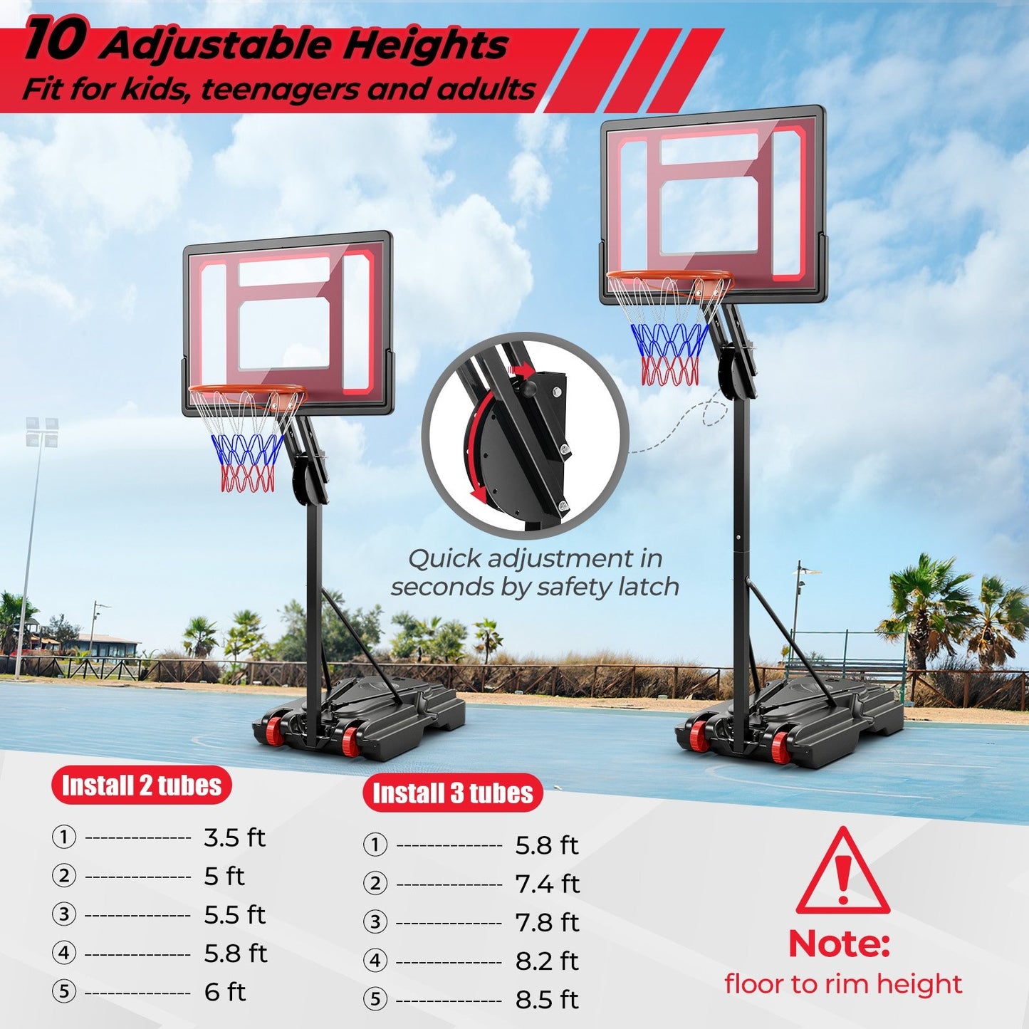 Basketball Hoop with 5-10 Feet Adjustable Height for Indoor Outdoor Kids Crystal