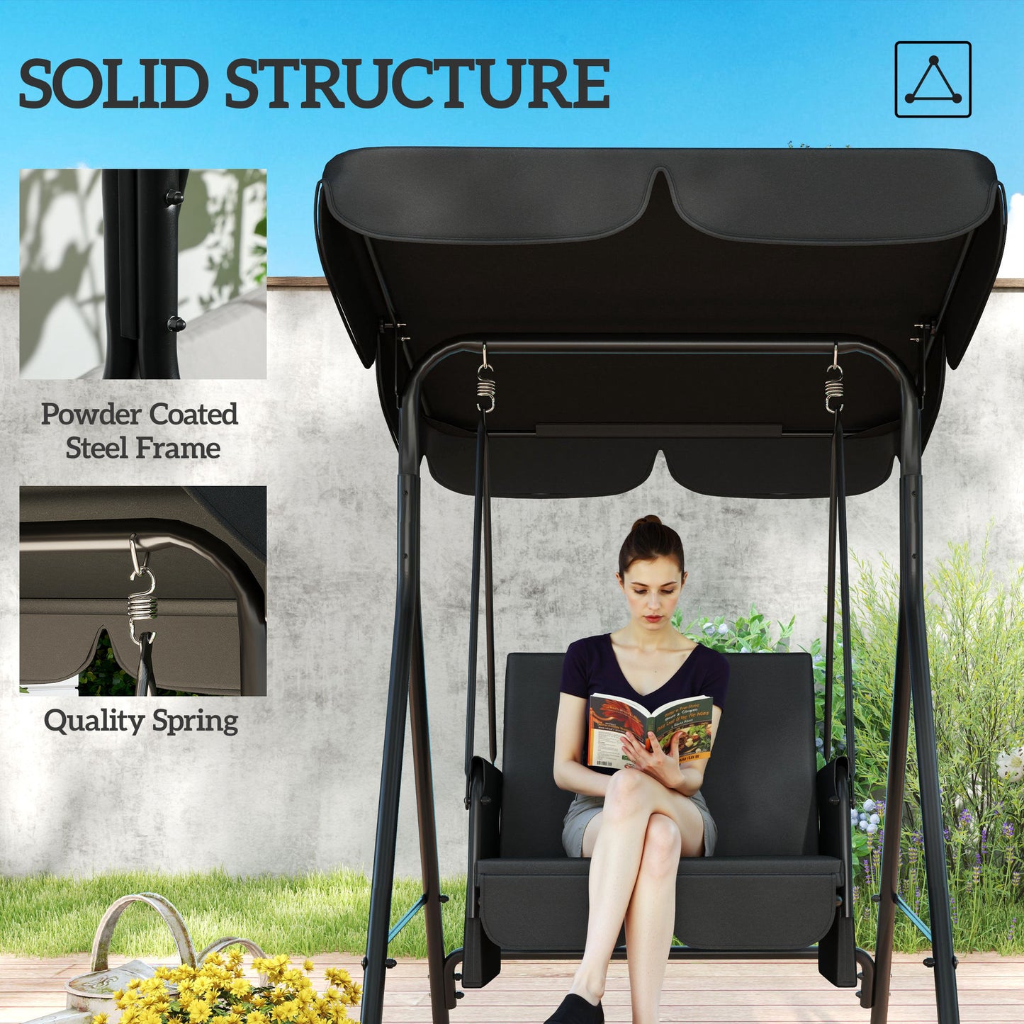 1-Seat Outdoor Porch Swing Patio Swing with Adjustable Canopy, Removable Seat and Back Cushion for Garden, Poolside