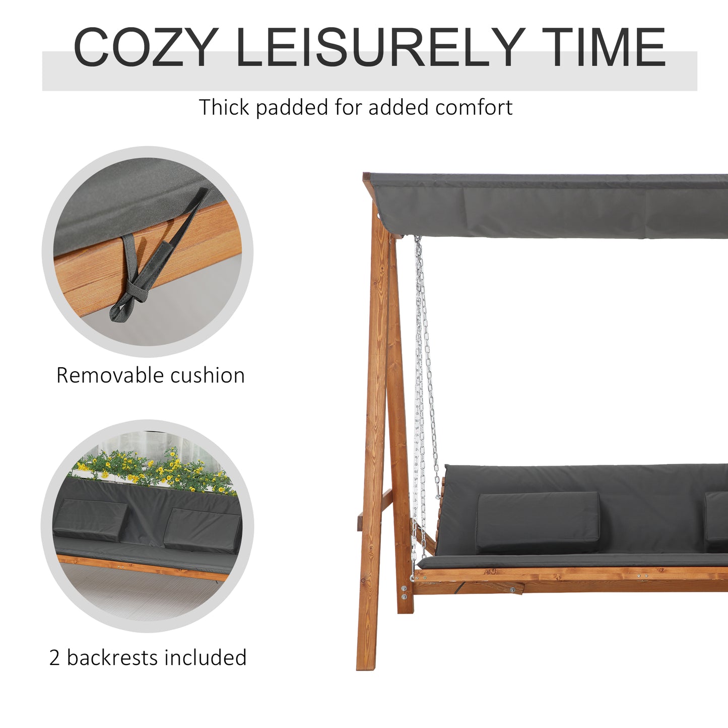 3 Seater Patio Swing Chair Convertible Cushioned Porch Swing Bed with Canopy, Wood Frame for Outdoor, Backyard, Garden