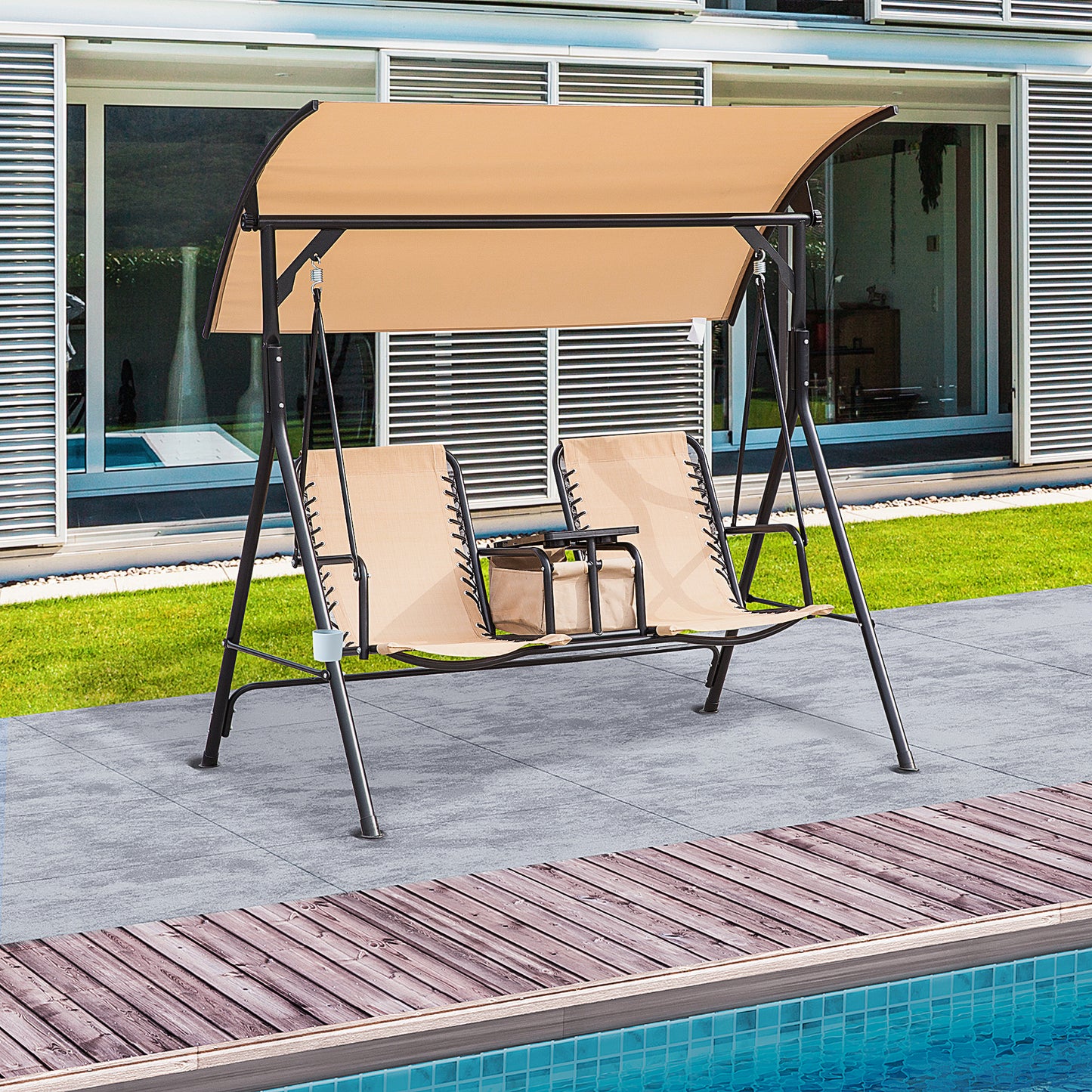 Porch Swing: 2-Person Covered Swing with Pivot Table Cup Holder Adjustable Canopy Beige Kids Crystal