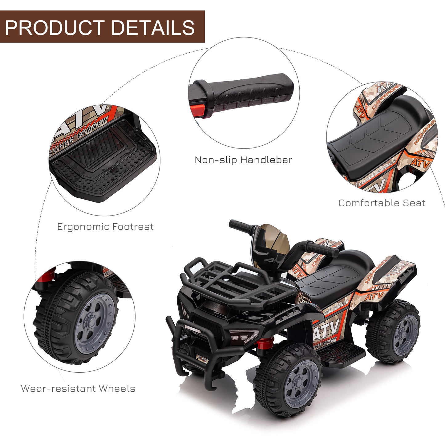 Ride-On ATV: 6V Battery Powered, Four Wheeler, Headlights, 18-36 Months, Black, Toddler Quad Kids Crystal