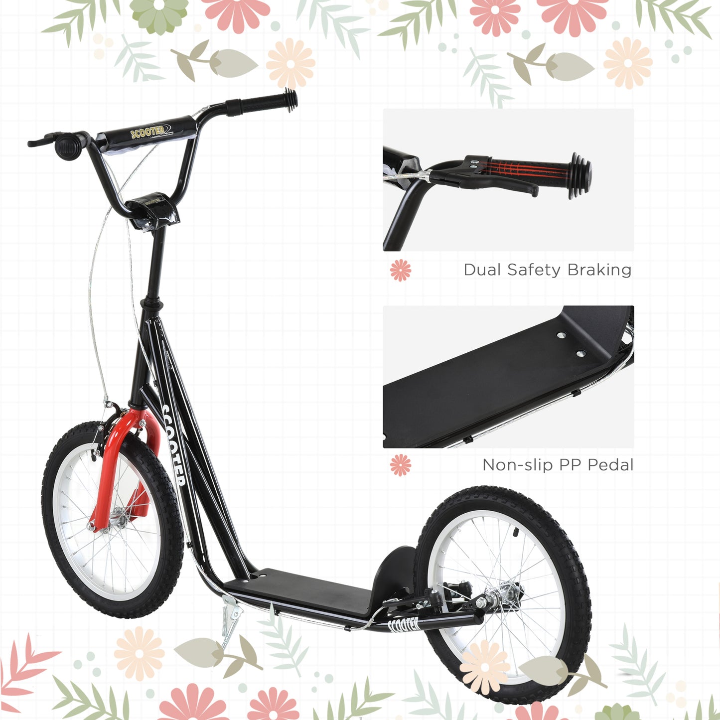 Canada Youth Street Kick Scooter for Teens Kids 5+ Years Old with 16" Inflatable Wheel Dual Brakes Black Kids Crystal