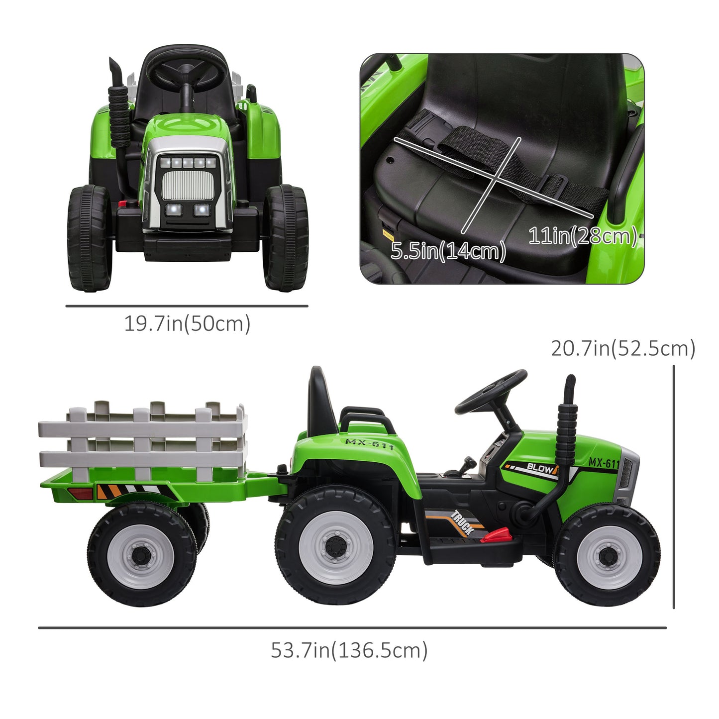 12V Electric Tractor for Kids - Ride-On with Trailer, Battery Powered, Remote Control, Music, Start-Up Sound & Horn, Green Kids Crystal