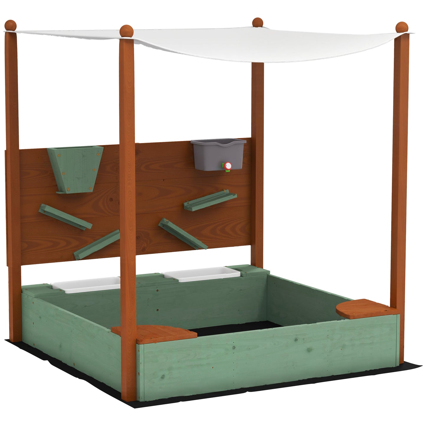 Wooden Kids Sandbox with Canopy, Sand Wall, Bottom Liner, for 3-6 Years, 46" x 44" W x 50" Green Kids Crystal