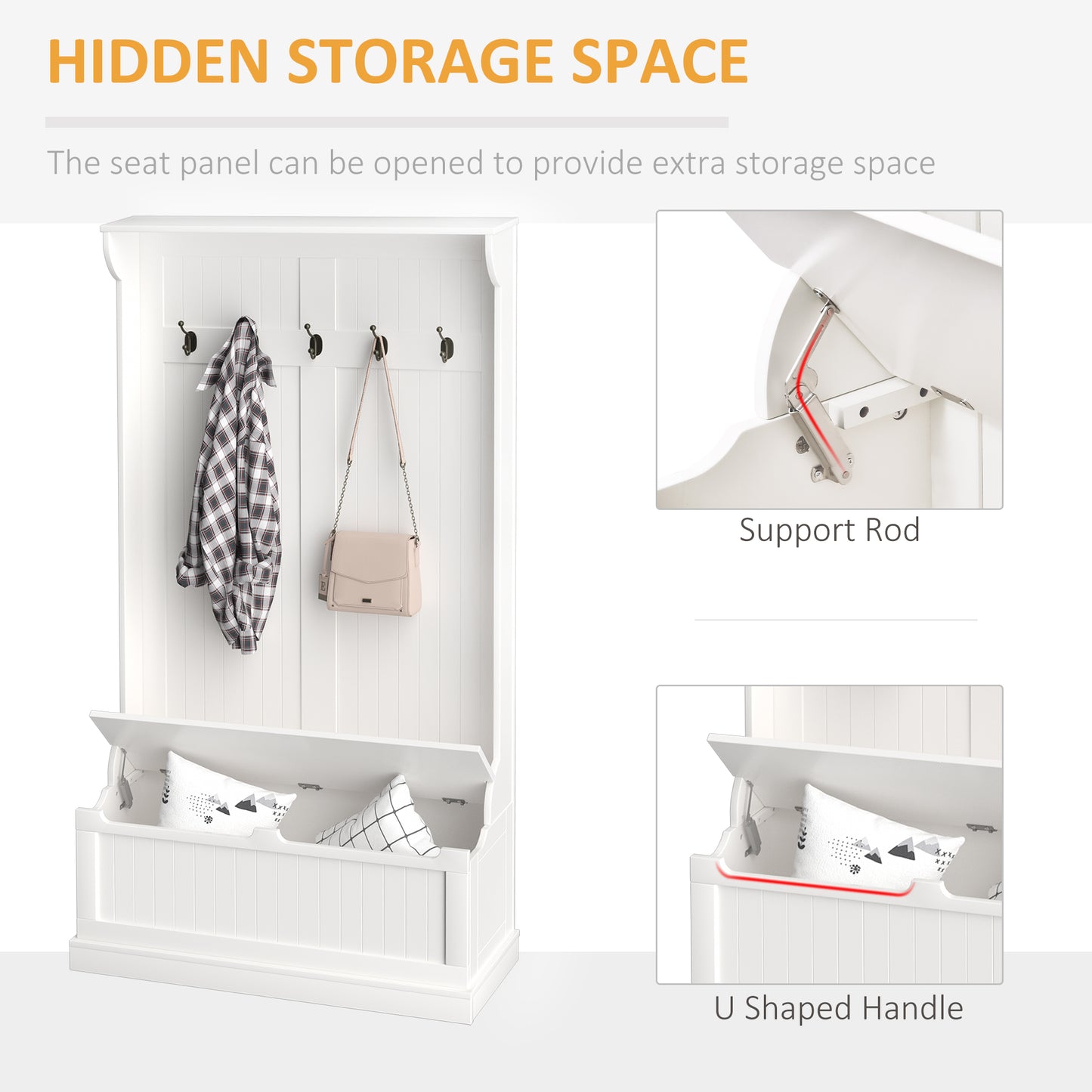 71 Inch Hall Tree with Storage Bench 3-In-1 Coat Rack 5 Steel Hooks Entryway Organizer Cream White