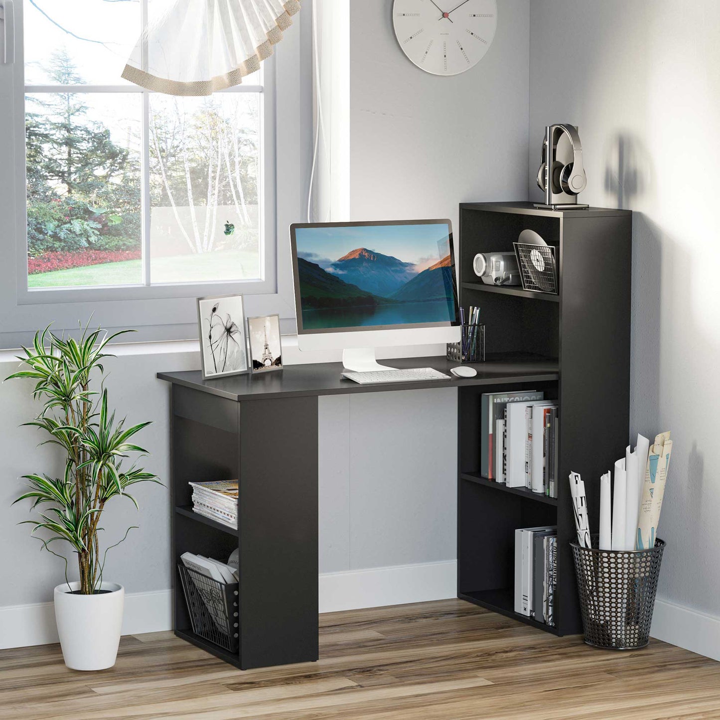 Modern Compact Computer Desk: 6-Tier Storage Shelves, Writing Table Workstation, Bookshelf, Home Office, Black Kids Crystal