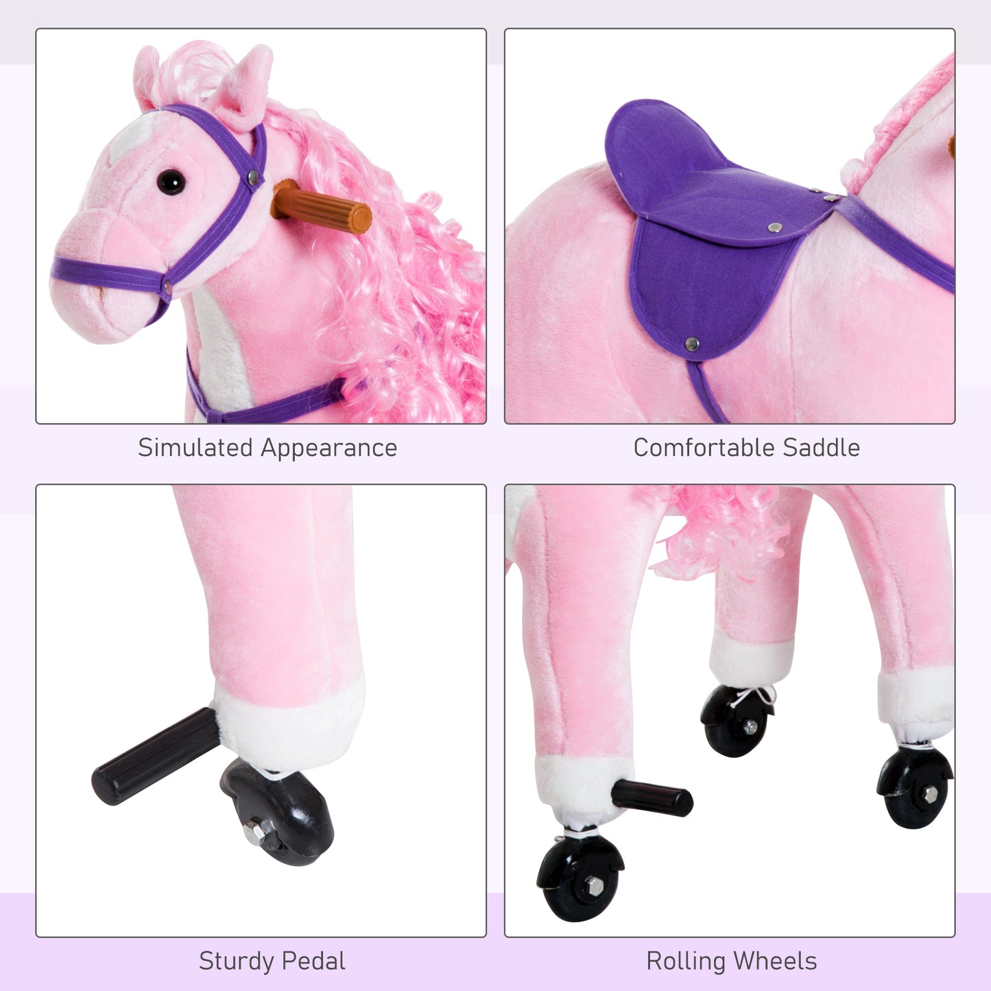 Pink Plush Pony Ride-On Toy for Kids - Rocking Horse with Neigh Sound & Wheels, 110lb Weight Limit Kids Crystal