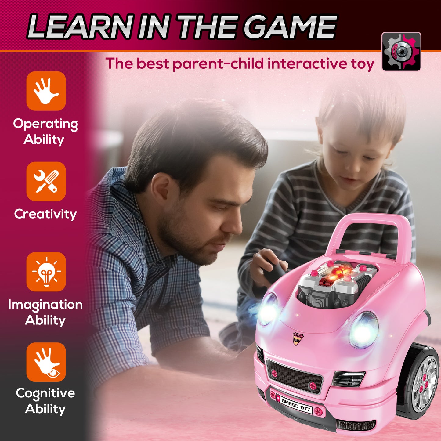 Kids Mechanic Truck Engine Repair Toy Set Car Service Pink Playset with Tools for Pretend Play Kids Crystal