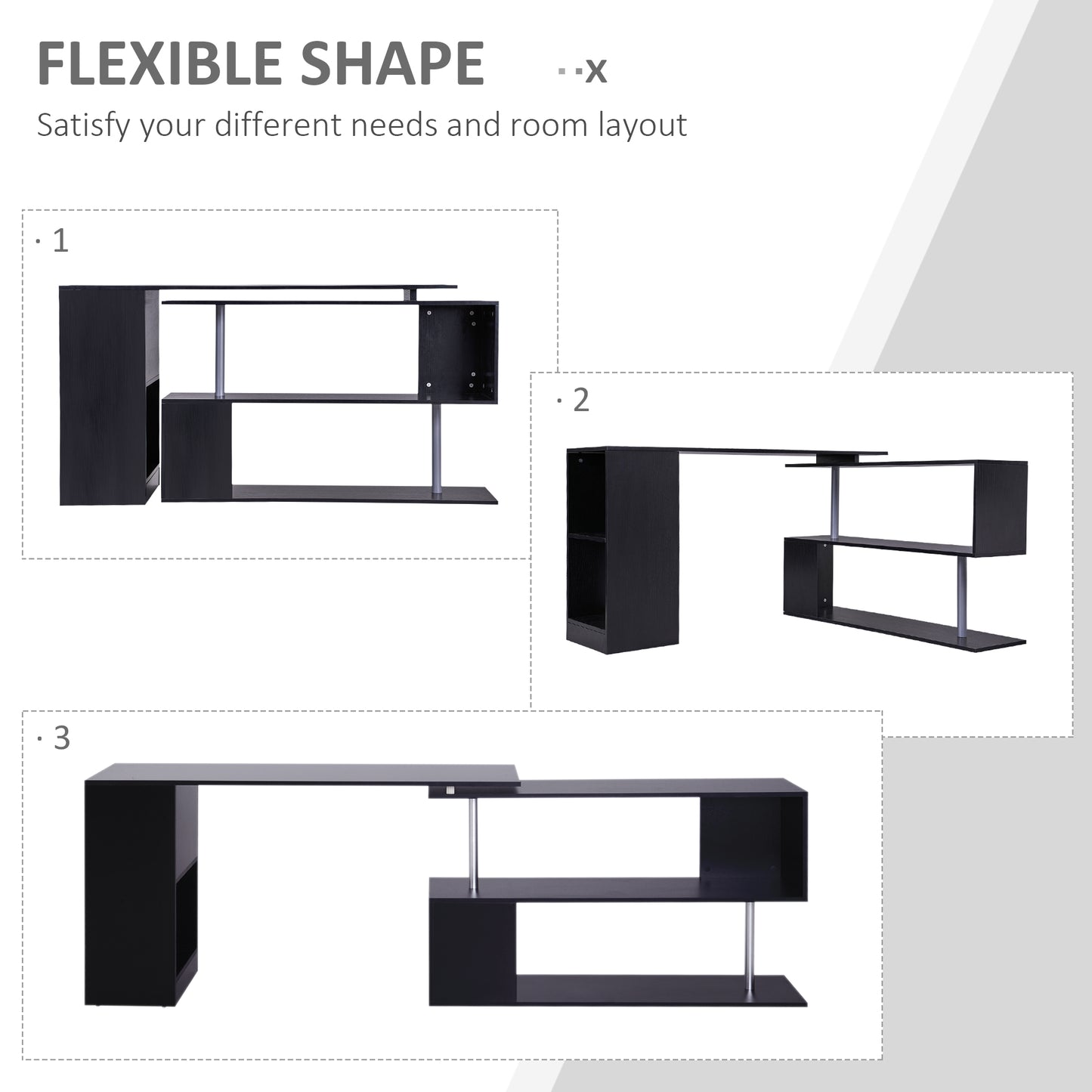 55&" Black Corner Computer Desk - 360° Rotating L-Shaped Workstation with 3-Tier Shelves & Bookshelf Kids Crystal