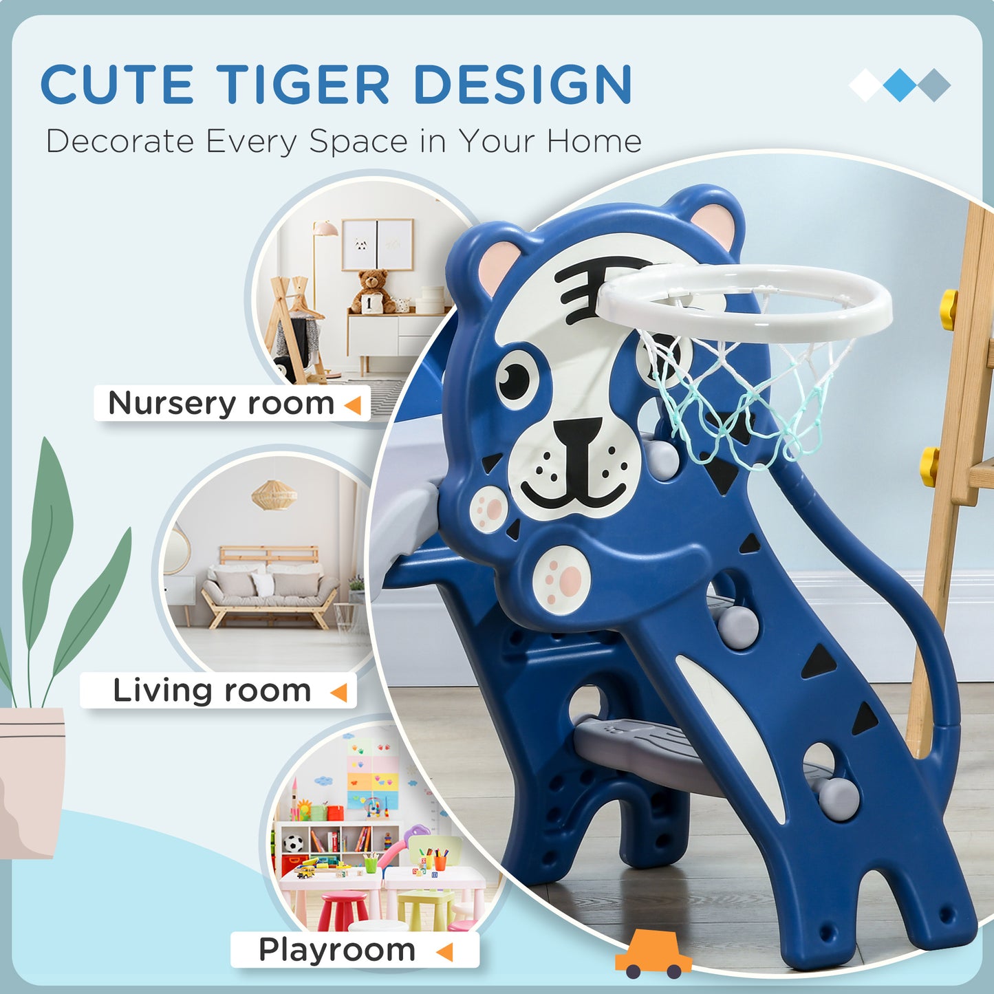 Kids Slide with Basketball Hoop Indoor Baby Slide Easy Setup for Toddlers 18-36 Months Blue Kids Crystal