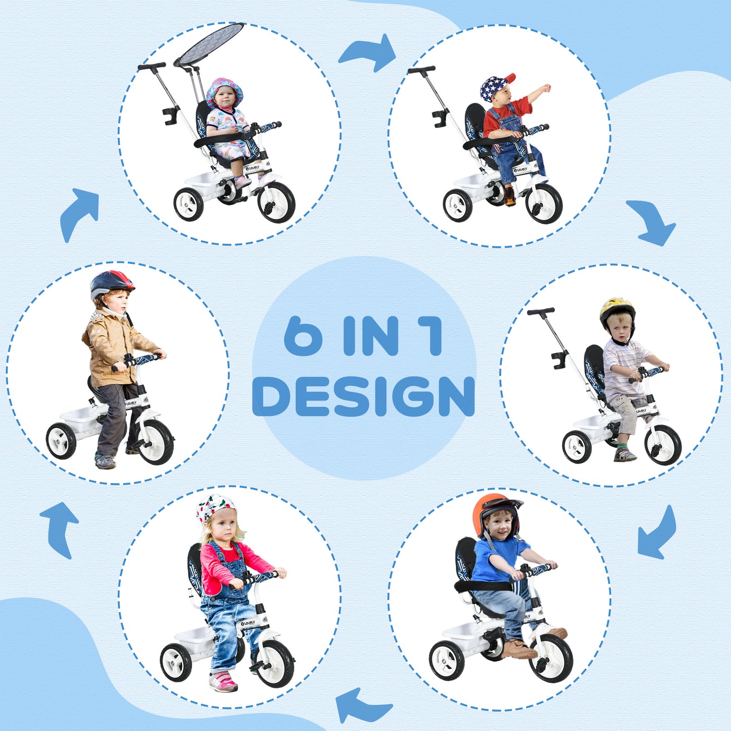 4-in-1 Convertible Kids Tricycle with Removable Handlebar and Canopy Blue