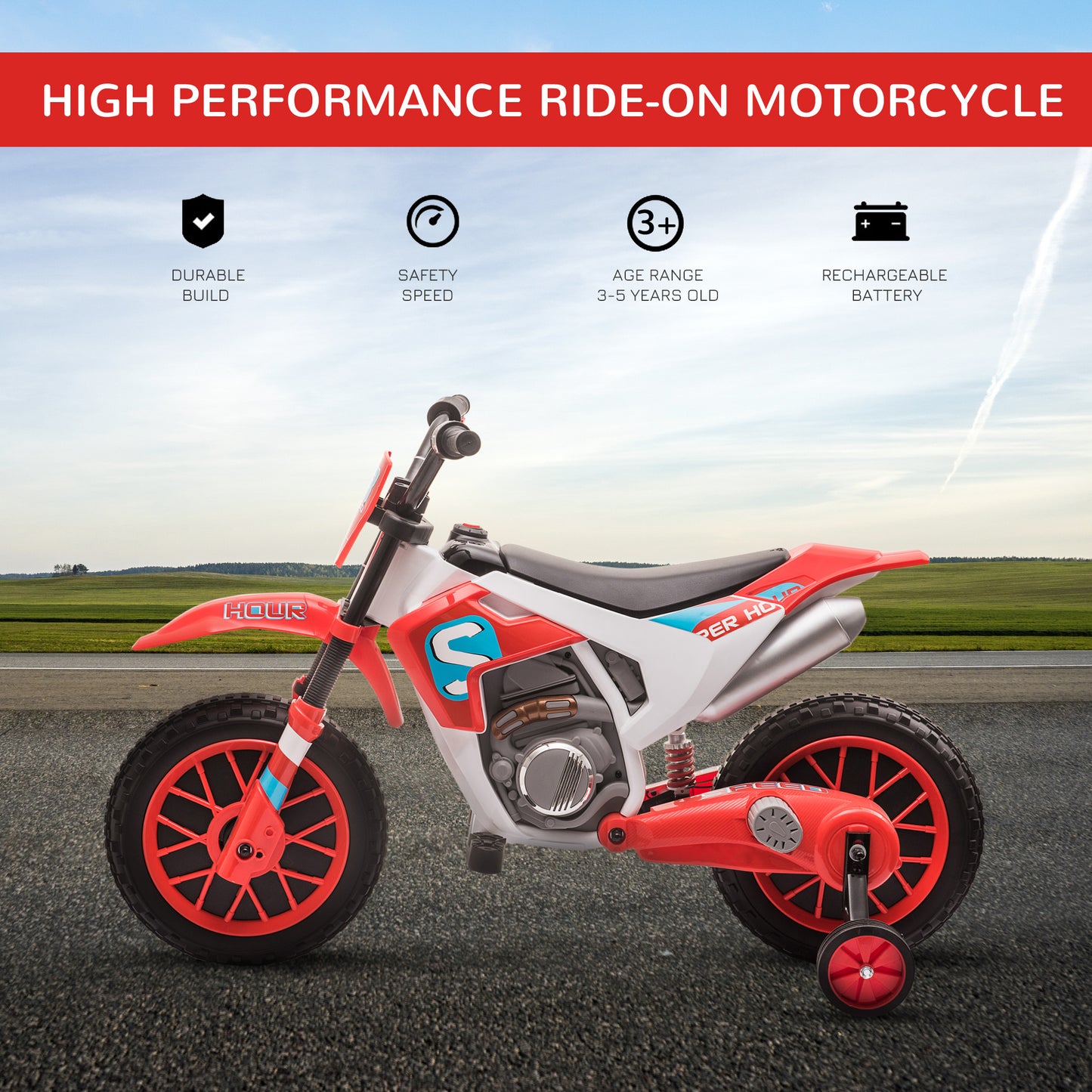 Electric Kids Dirt Bike Battery-Powered Ride-On Motorcycle 12V Training Wheels Red Kids Crystal