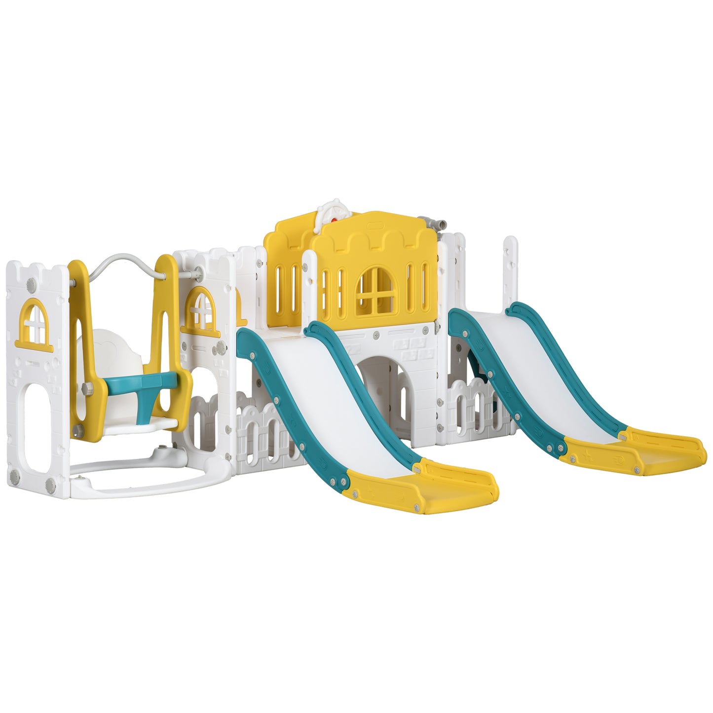 8 in 1 Slide and Swing Set, Baby Swing Set with Basketball Hoop, Climber, Steering Wheel, for Aged 1-3 Years, Yellow Kids Crystal